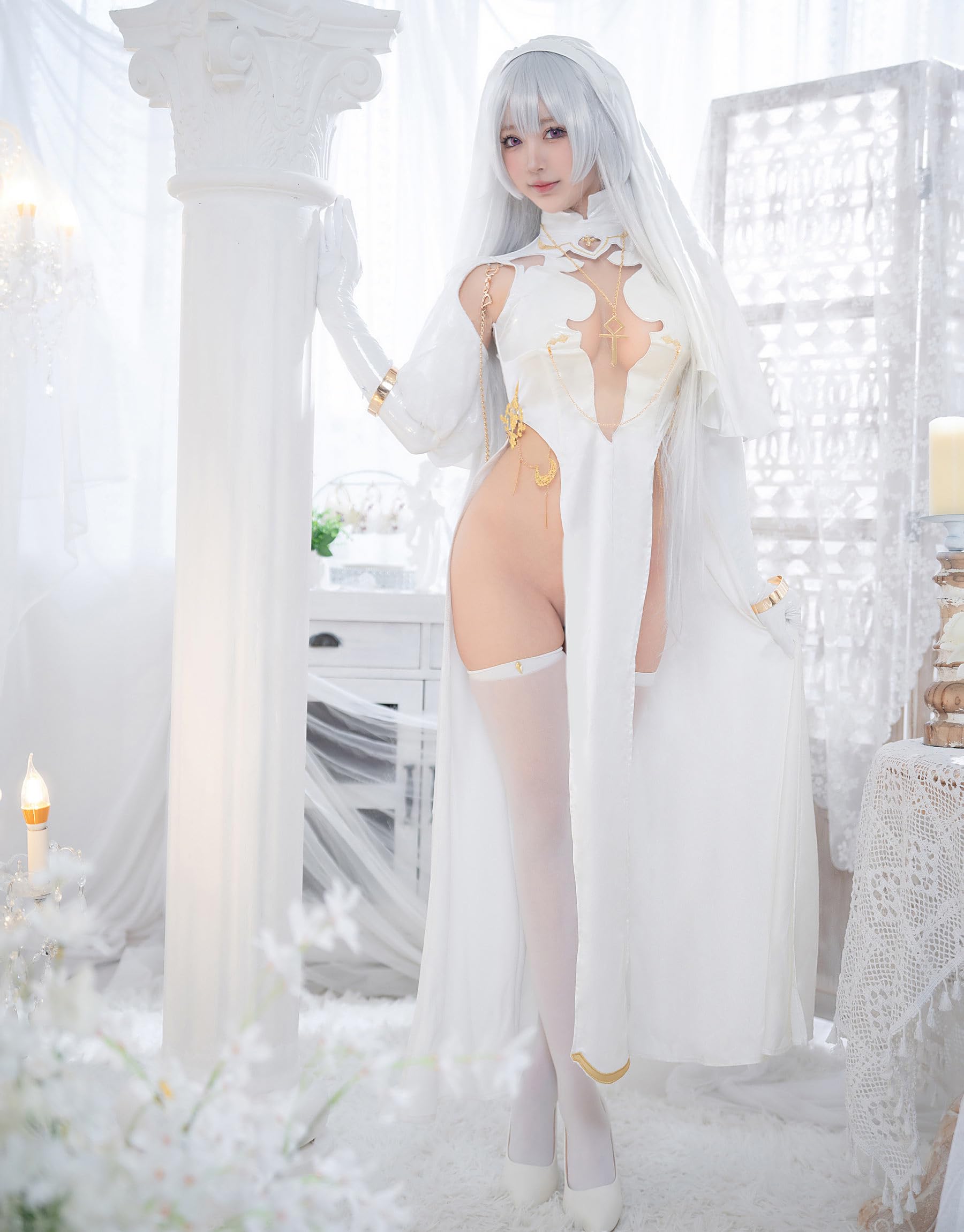 Mobbunny Women Nun Cosplay Lingerie Costume Halloween High Slit Dress Set with Veil Necklace Socks: Small