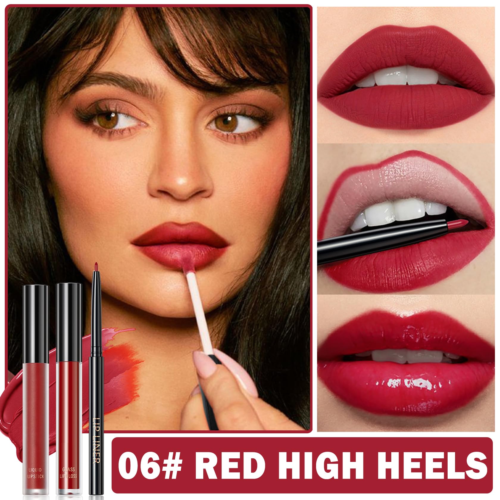 QIUFSSE 3 in 1 Black Lip Liner Pencil and Lipstick lipgloss Set Matte Black Lipstick Lip Gloss Kit Long-lasting Nonstick Cup Smudge Proof Lip Kits with Lip Liner,Velvet Goth Makeup (): 06# Red High Heels