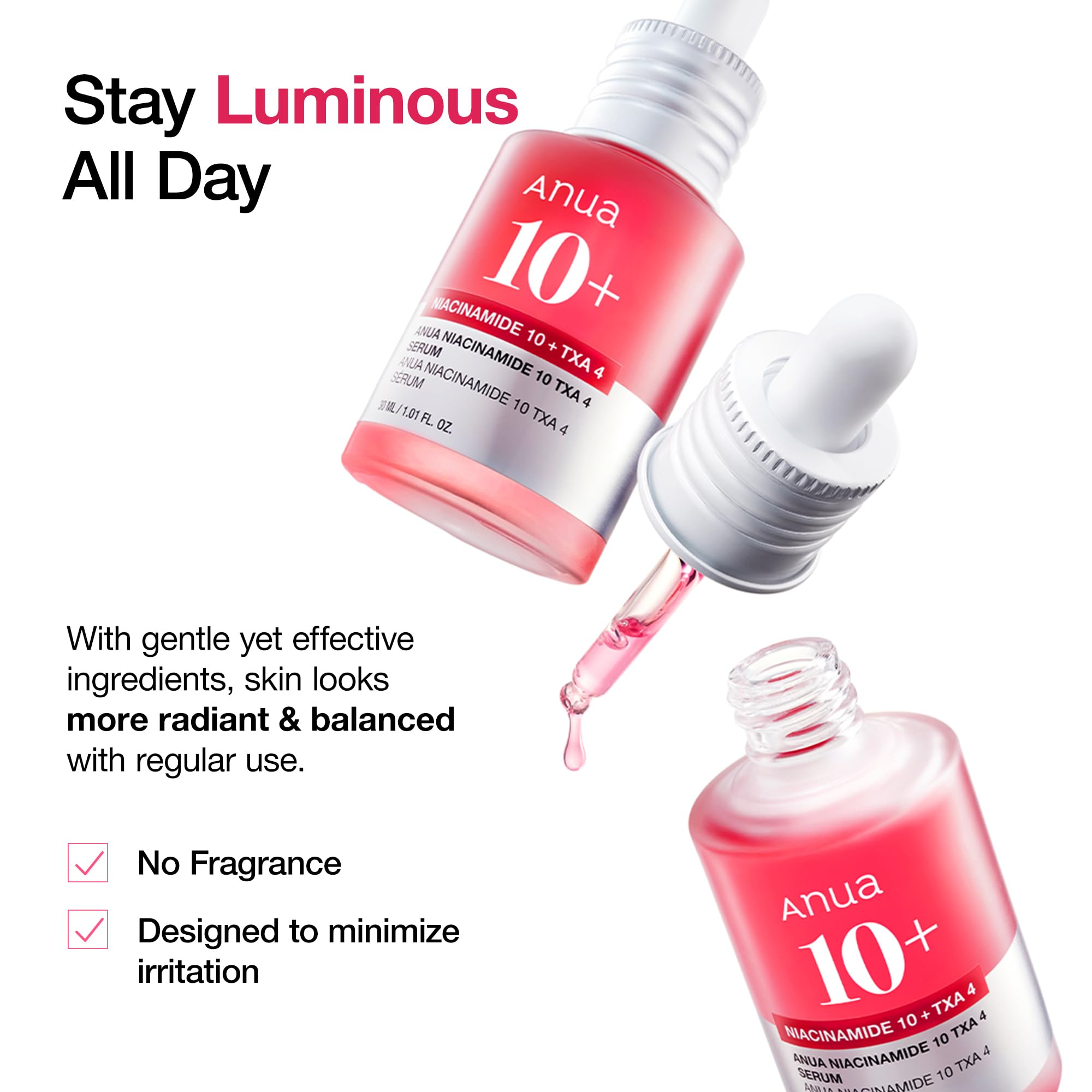 Anua Pink Serum Duo for Korean Glass Skin:10% Niacinamide + 4% Tranexamic Acid Serum & Peach 70 Niacinamide Serum for Dull Skin, Skin Barrier, Fragrance-Free, Korean Skincare