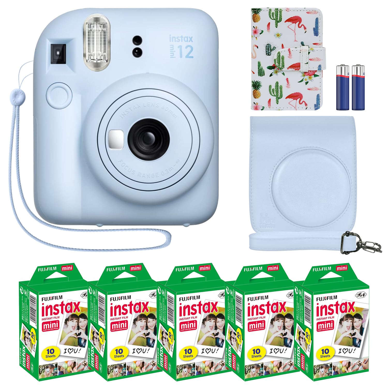 Fujifilm Instax Mini 12 Instant Camera + MiniMate Accessory Bundle & Compatible Custom Case + Fuji Instax Film Value Pack (50 Sheets) Flamingo Designer Photo Album (): Pastel Blue