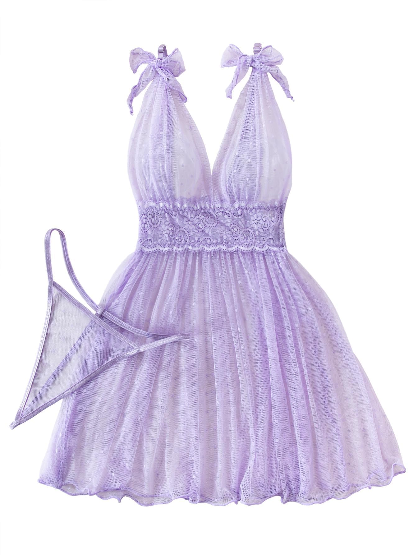 Lilosy Sexy Polka Dots Mesh Sheer Lace Babydoll Chemise Lingerie Set Floral Lace Sleep Wear: Large Light Purple