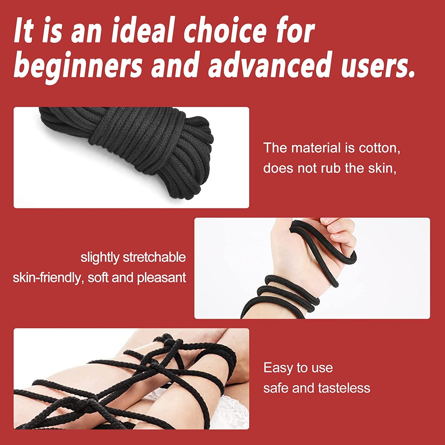 Super Soft Cotton-Rope Shibari Bondage / Restraint Kit, BDSM Beginner Set, Adult Sex Toys for Women Men and Couples(Black+Red)