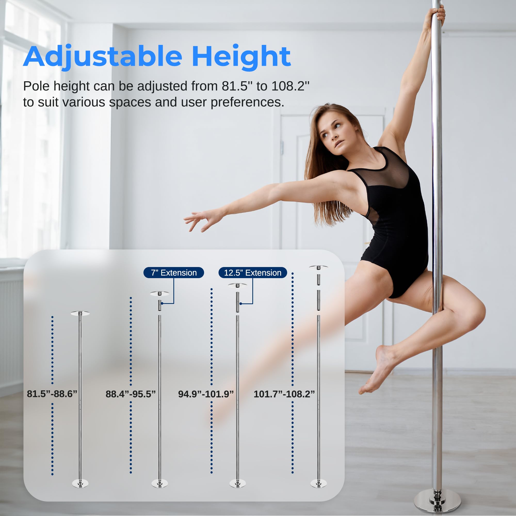 SereneLife Professional Spinning Dance Pole, 45mm Portable Exercise Pole for Fitness – Durable Steel Build, Anti-Rust Finish, Suitable for Home, Club, Gym, Party, Pub: Silver