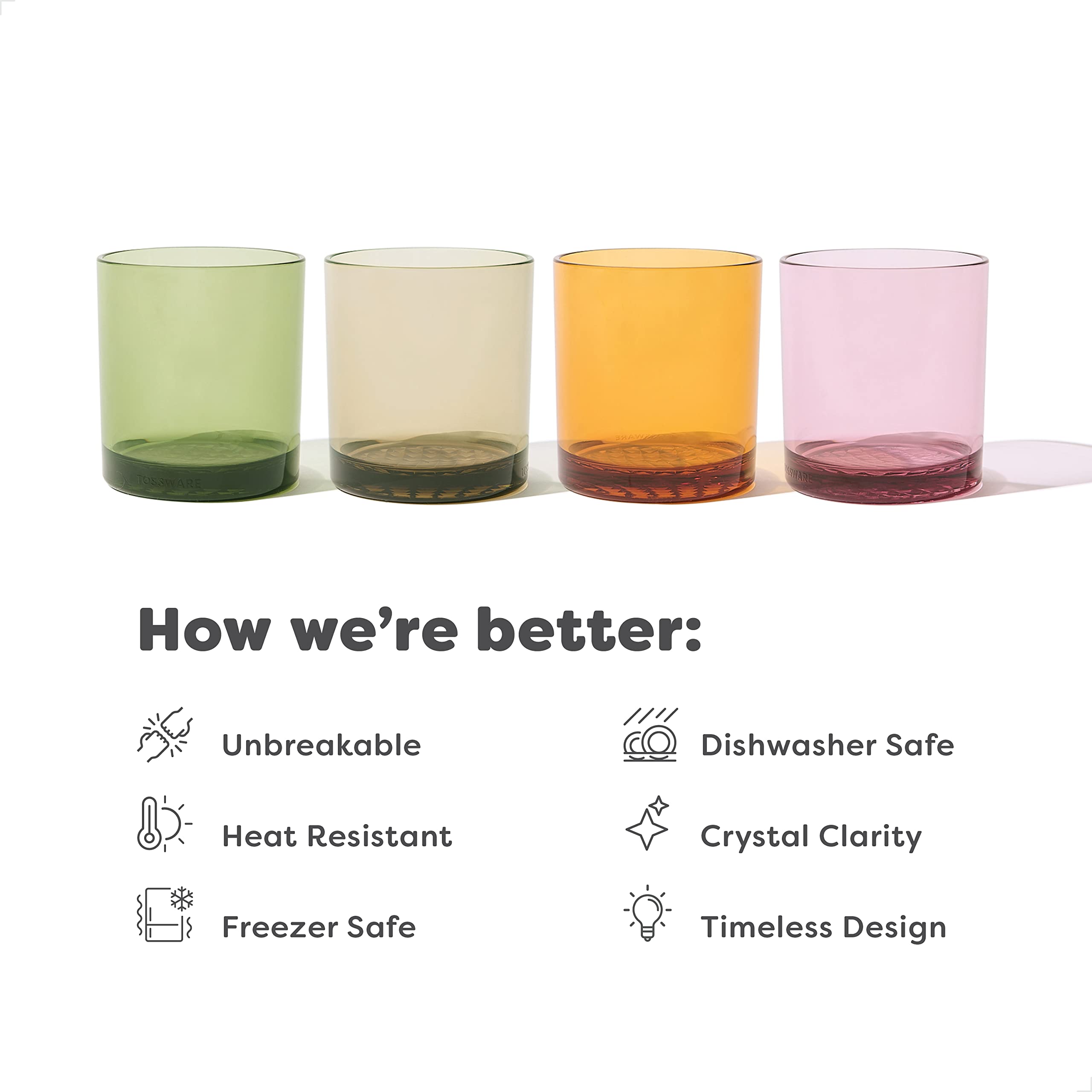 TOSSWARE RESERVE 12oz Old Fashioned - Color Series SET OF 4, Premium Quality, Tritan Dishwasher Safe & Heat Resistant Unbreakable Plastic Whiskey Glasses: TOSSWARE RESERVE 12oz Old Fashioned - Color Series SET OF 4, Premium Quality, Tritan Dishwasher Safe & Heat Resistant Unbreakable Plastic Whiskey Glasses