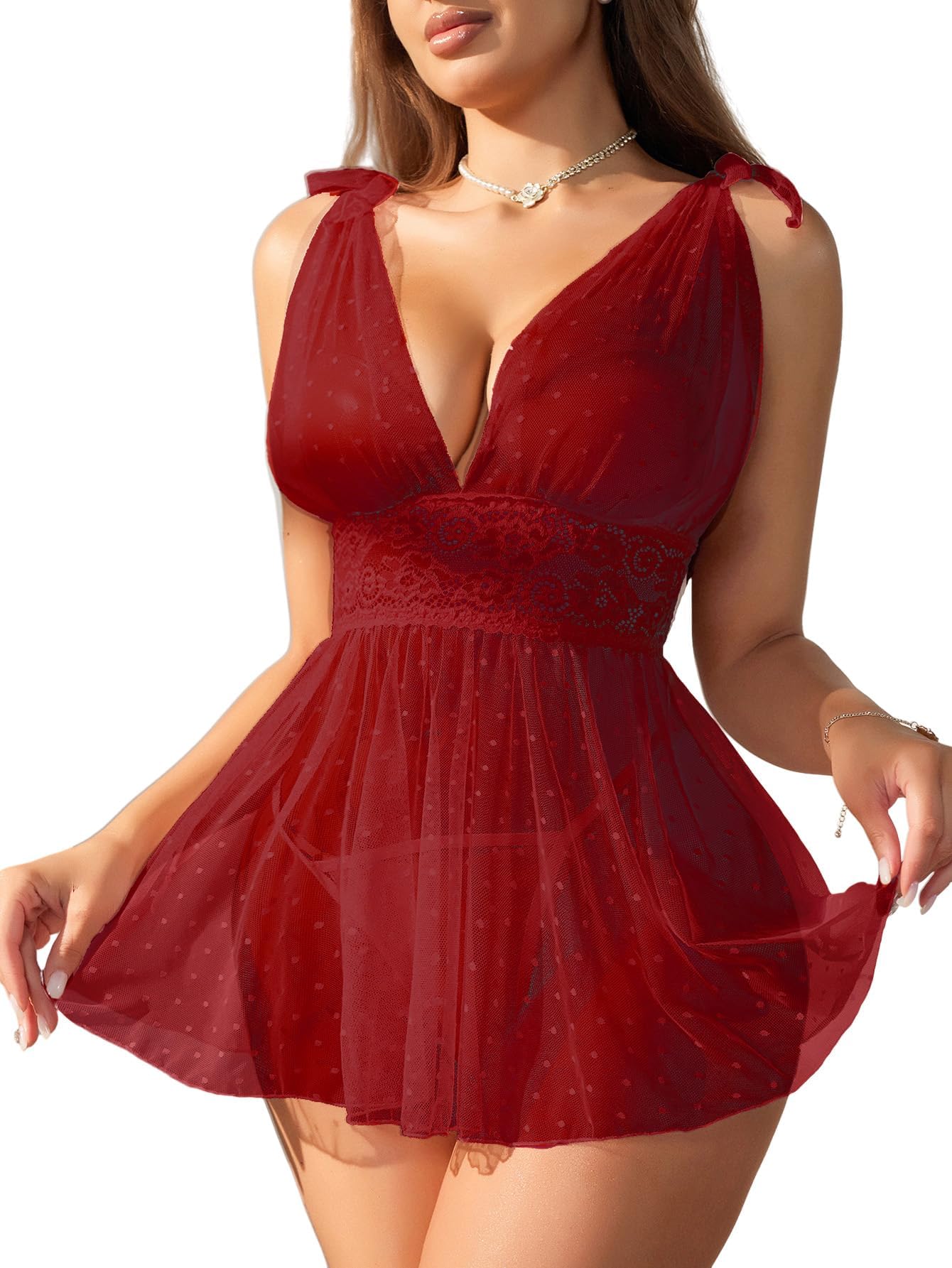 Lilosy Sexy Polka Dots Mesh Sheer Lace Babydoll Chemise Lingerie Set Floral Lace Sleep Wear: 3X-Large Burgundy Red