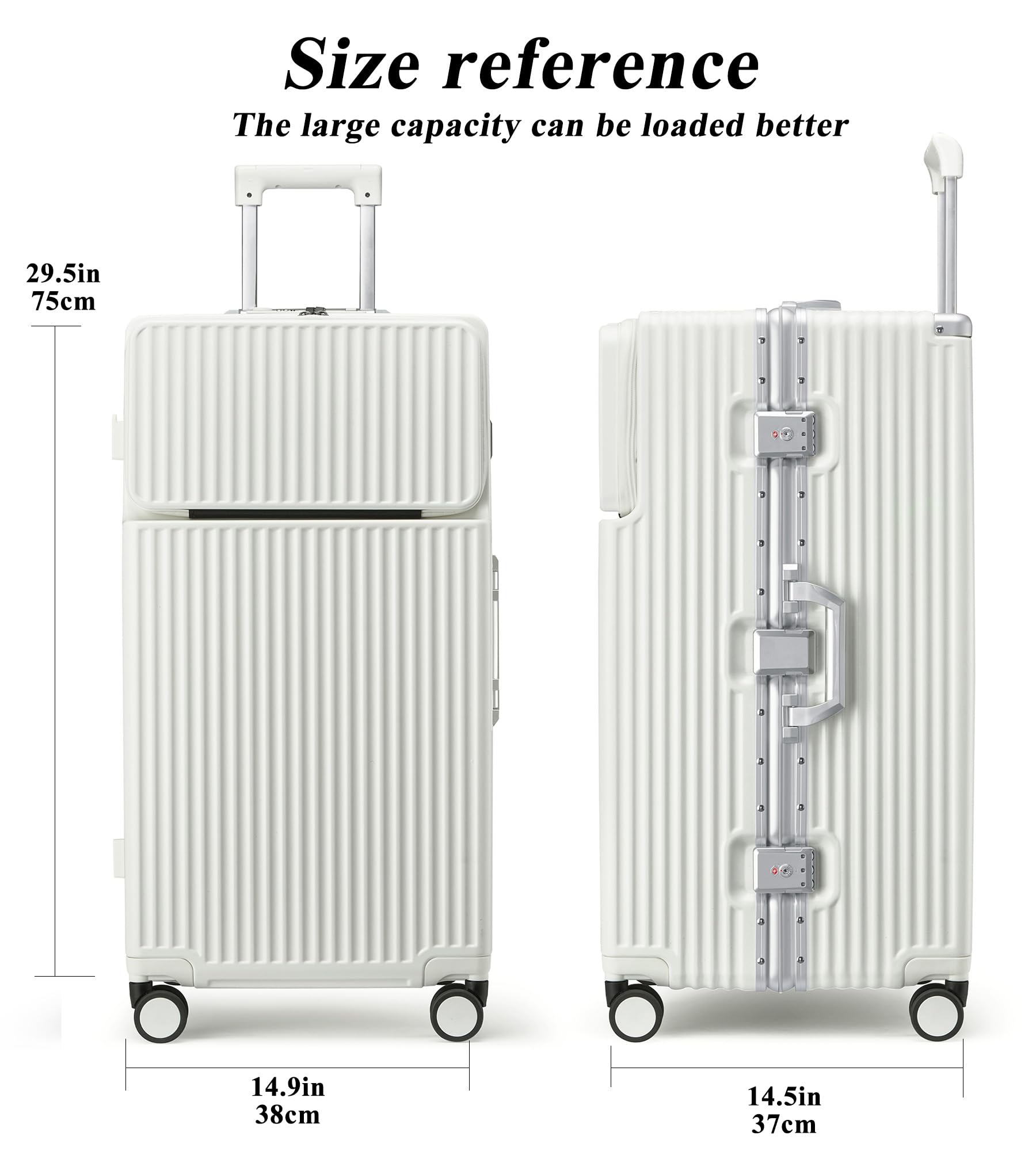 feilario 29in Super Large Captain Aluminum Frame Hardside Spinner Wheels Luggage, Removable Wheels Zipperless Checked Suitcase with Cup Holder/Phone Holder: Pro-White 30in