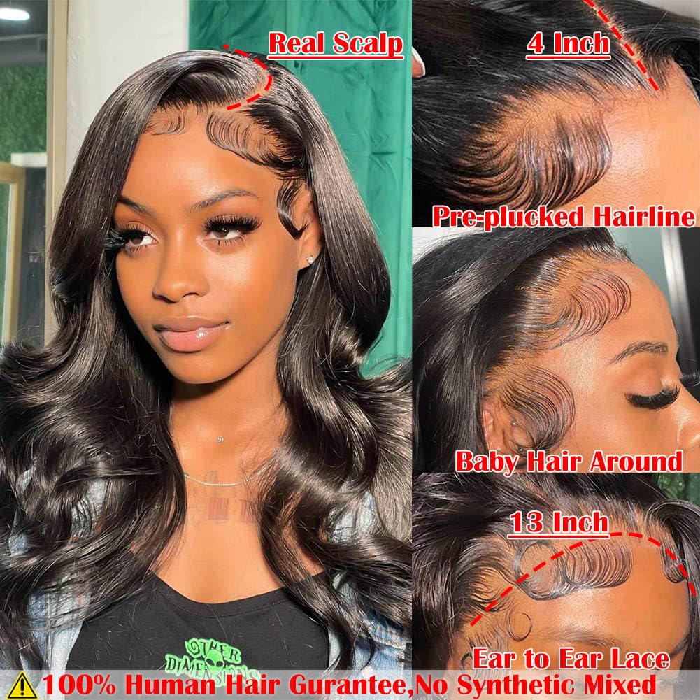 13x4 Body Wave Lace Front Wigs Human Hair Pre Plucked HD Transparent Lace Frontal Wig with Baby Hair 180 Density 9A Glueless Brazilian Virgin Human Hair Lace Front Wigs for Women 20 Inch Natural Black