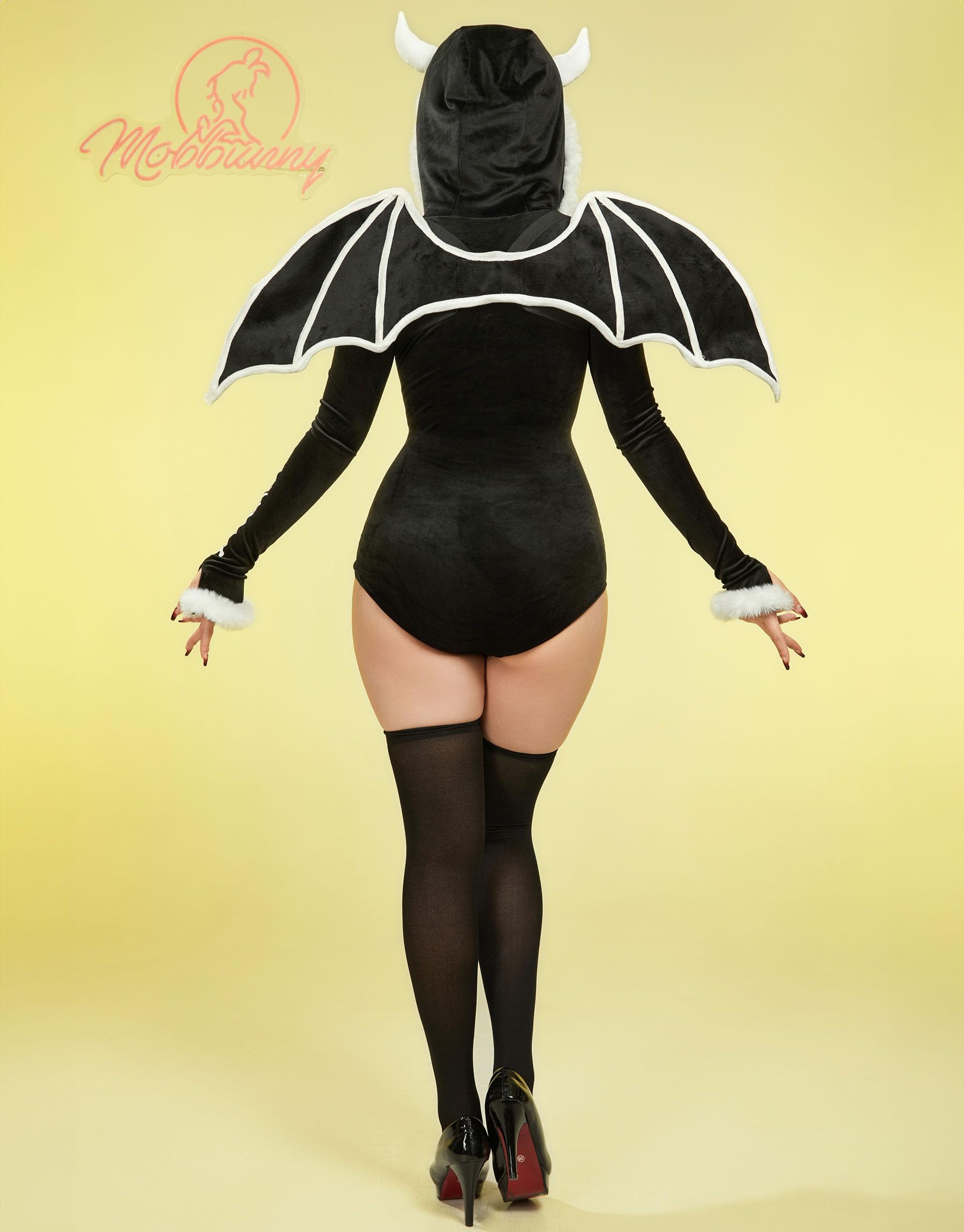 Mobbunny Women's Gothic Skull Style Romper Onesie Pajamas Halloween Skeleton Costume with Wings Hooded Short Jumpsuit: Small