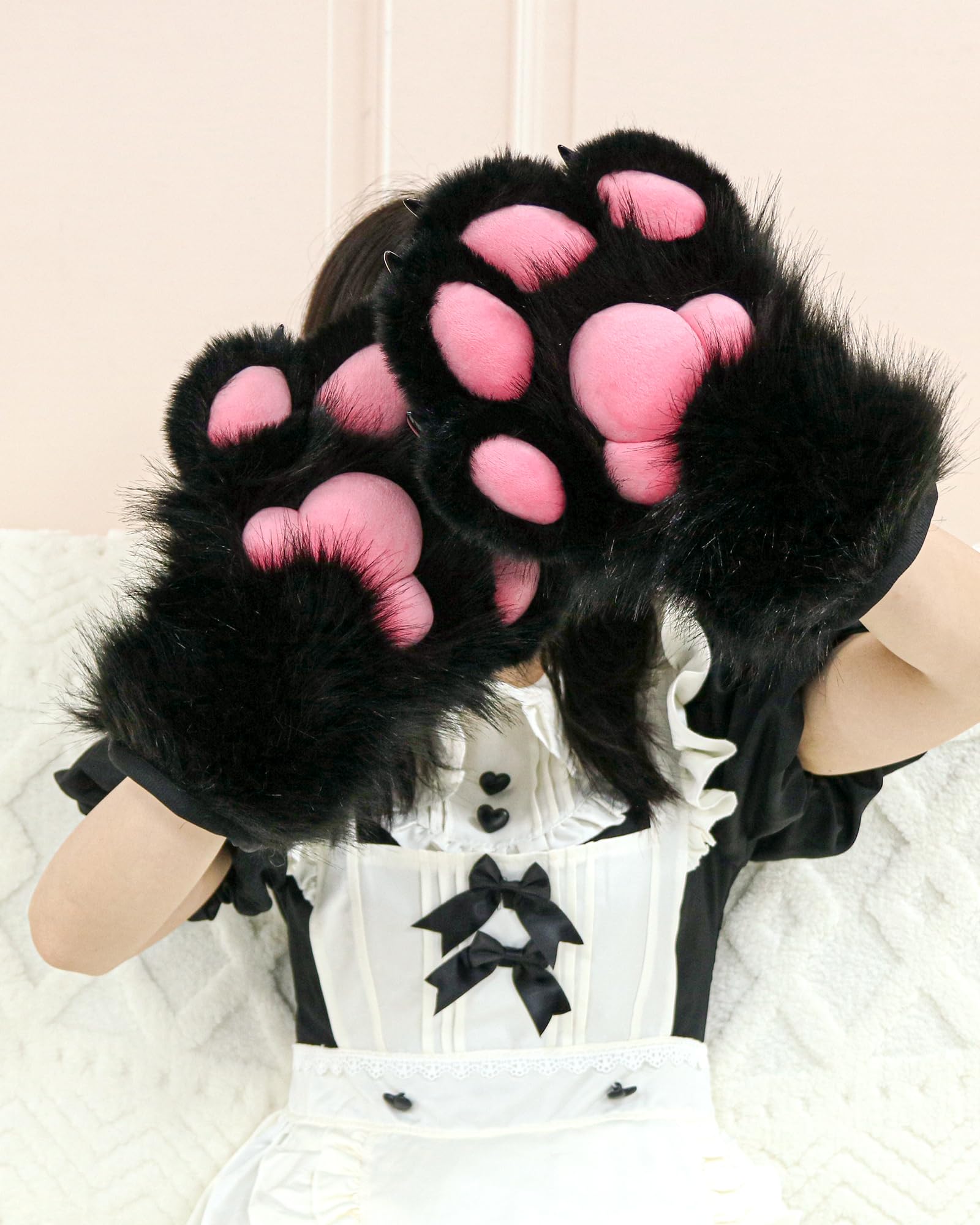 BNLIDES Cosplay Fursuit Paw Gloves Furry Claw Gloves Built-in Whistle Decompression Toys Costume Party Accessories for Adult: Black Pink