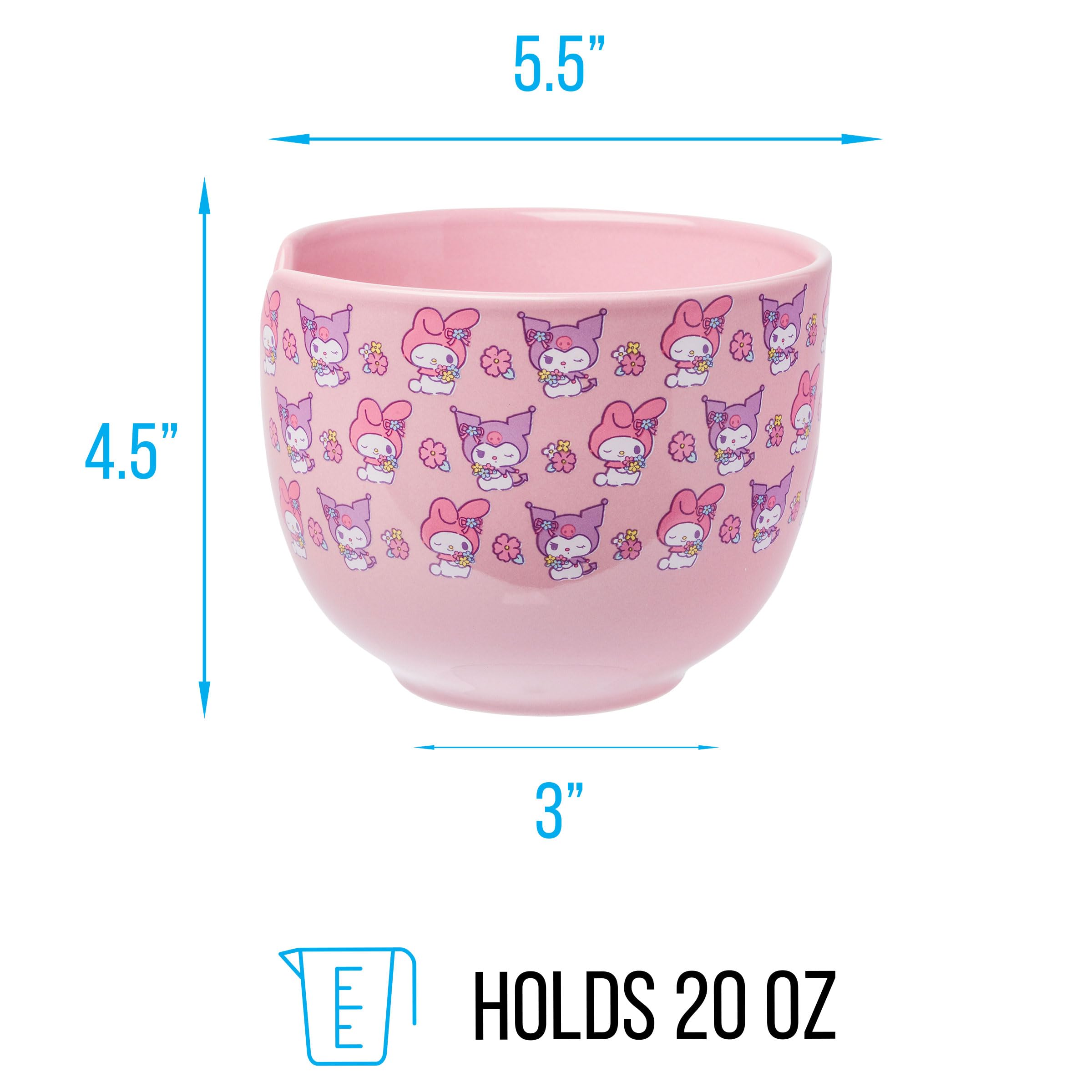 Silver Buffalo Sanrio Hello Kitty and Friends My Melody and Kuromi Pastel Flowers Ceramic Ramen Noodle Rice Bowl with Chopsticks, Microwave Safe, 20 Ounces