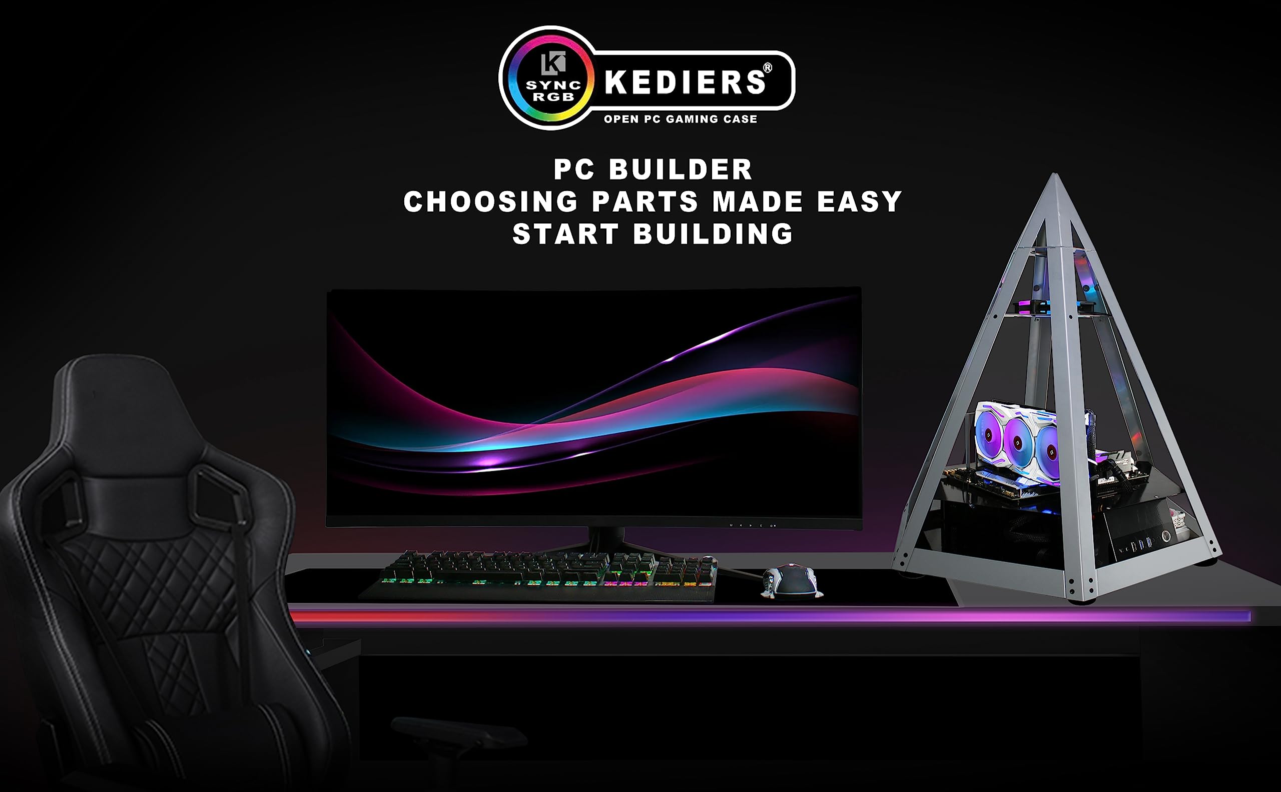 KEDIERS Diamond Pyramid ATX PC Case Innovative Gaming Computer Tower Case,C600: Panoramic open chassis
