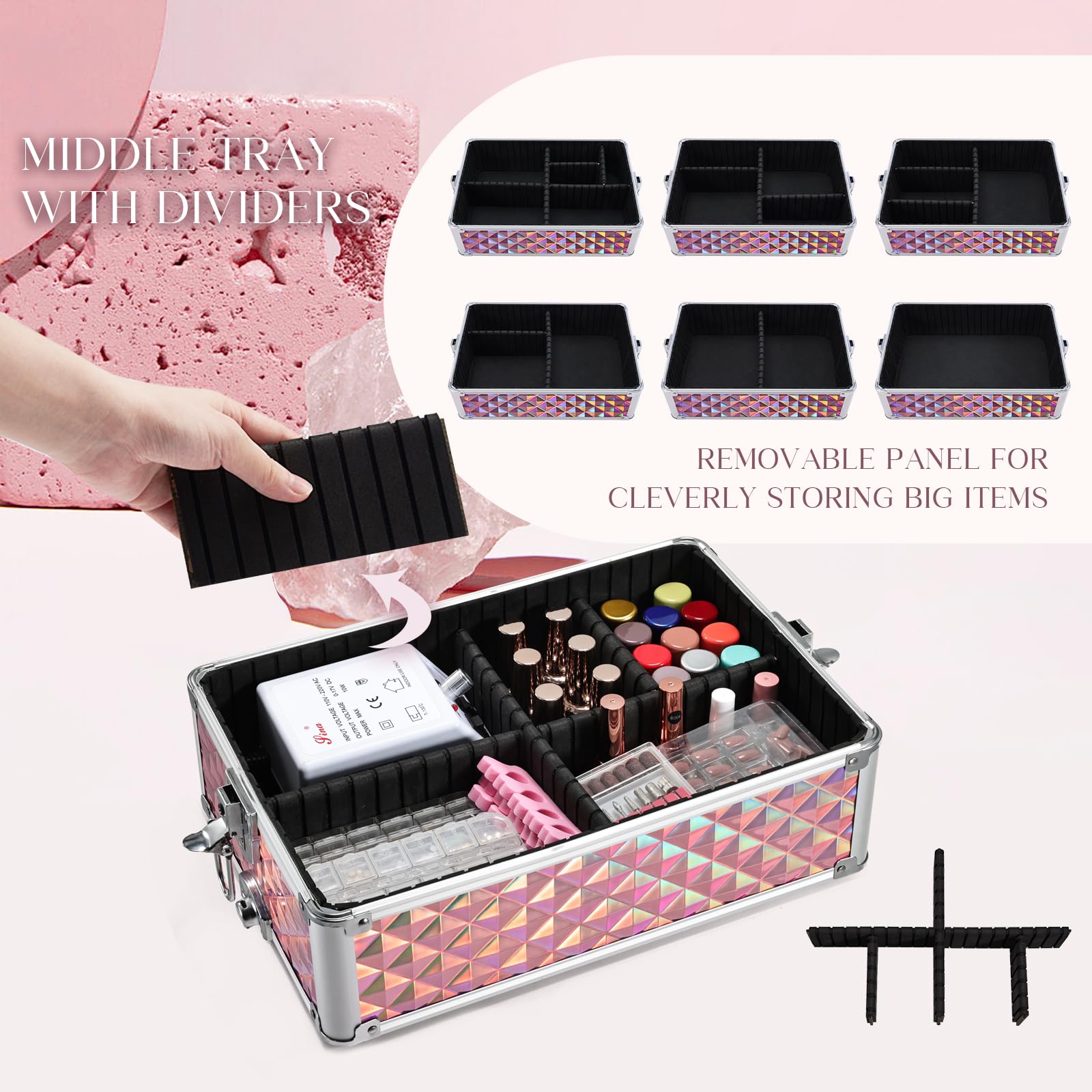 FRENESSA 3 in 1 Rolling Makeup Train Case Portable Cosmetic Trolley Large Storage for Professional with 360° Swivel Wheels Salon Barber Case Traveling Cart Trunk - Glitter Pink