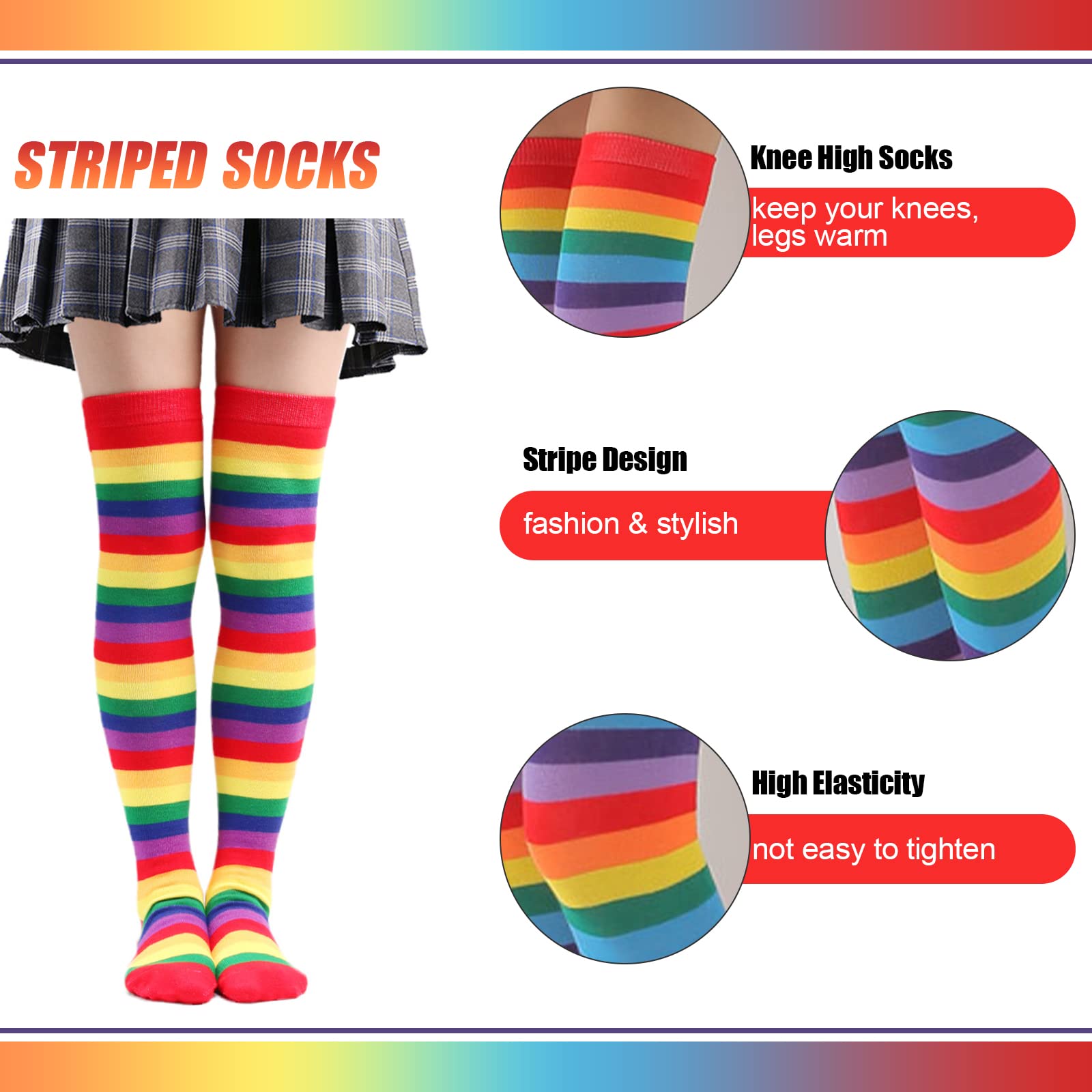 Barrlves 2/4 Sets Womens Striped Knee High Socks Long Knitted Arm Warmers Fingerless Gloves for Halloween Costume thumbnail 4
