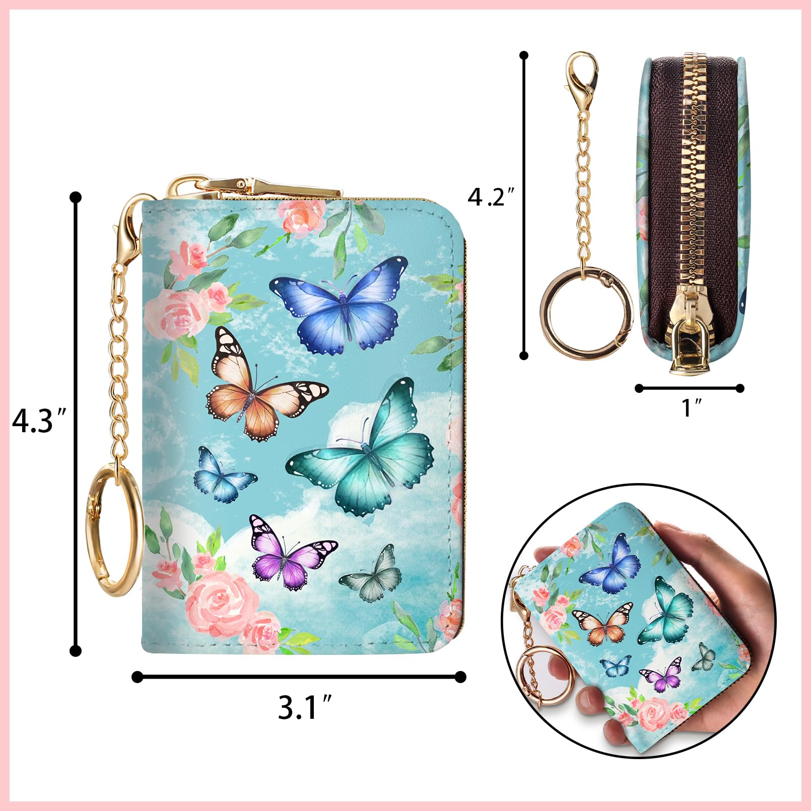 Credit Card Holder for Women, Gothic Floral Small RFID Wallet with Zipper, Card Keychain Wallet, Leather Wallet Card Case, Business Accordion Wallet Gift: Butterfly