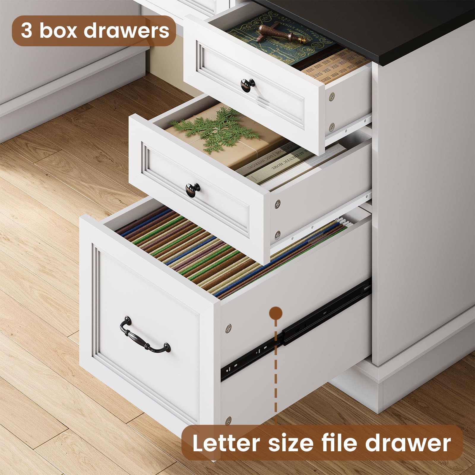 HAUOMS Farmhouse Executive Desk with Drawers Computer Desk with File Drawers, Power Outlet and Led Lights, Executive Office Desk with Storage Cabinet and Monitor Shelf for Home Office,: White