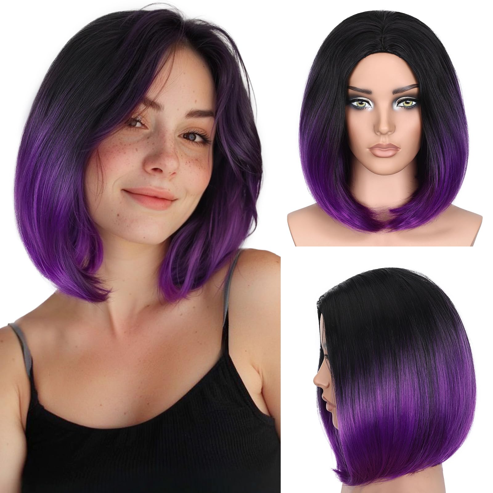 HANNE Ombre Black to Purple Wig Short Bob Wigs Shoulder Length Bob Hair Short Straight Hair Bob Wigs for Women Ombre Purple Wig (Ombre Purple): Black to Purple