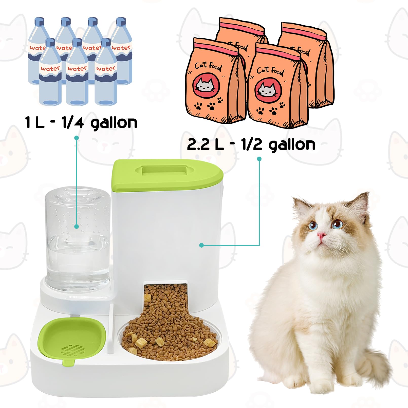 Fhiny Gravity Cat Feeder and Water Dispenser, 2 in 1 Automatic Pet Waterer Detachable Stainless Steel Food Bowls Set Pet Food Storage for Small Dog Puppy Cat Kitten Pet Easy Clean (Grey): Style A Green-Metal Bowl