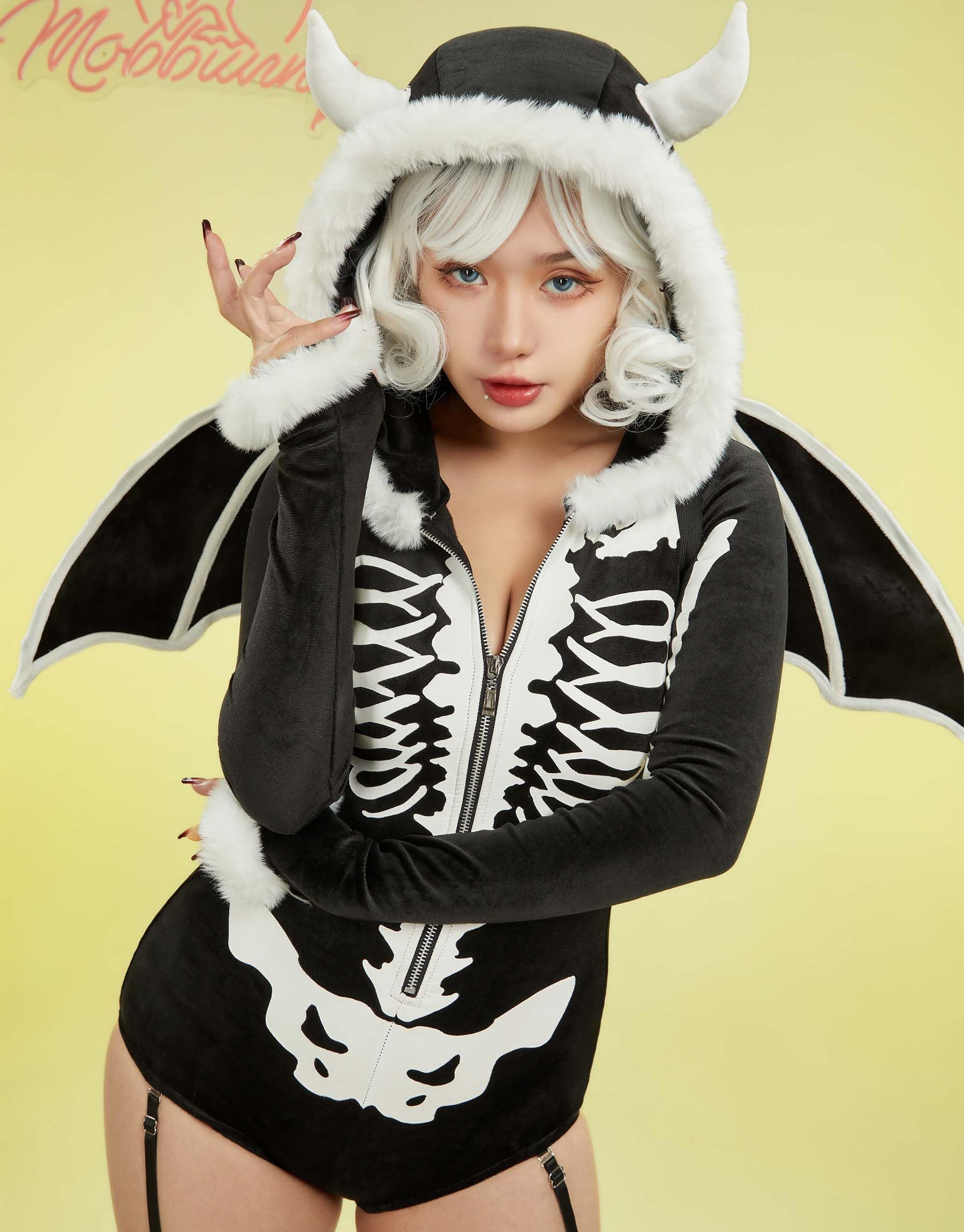 Mobbunny Women's Gothic Skull Style Romper Onesie Pajamas Halloween Skeleton Costume with Wings Hooded Short Jumpsuit: Small
