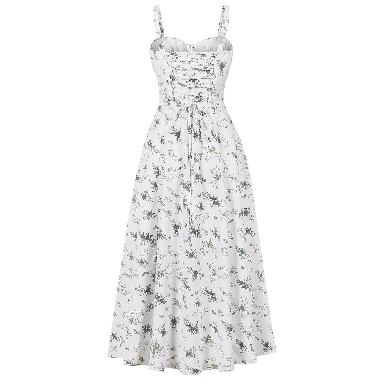 Floral Corset Dress, Formal Cocktail Dresses, Casual Sundress, Split Thigh Spaghetti Strap Vintage Dress: Medium Green Flower