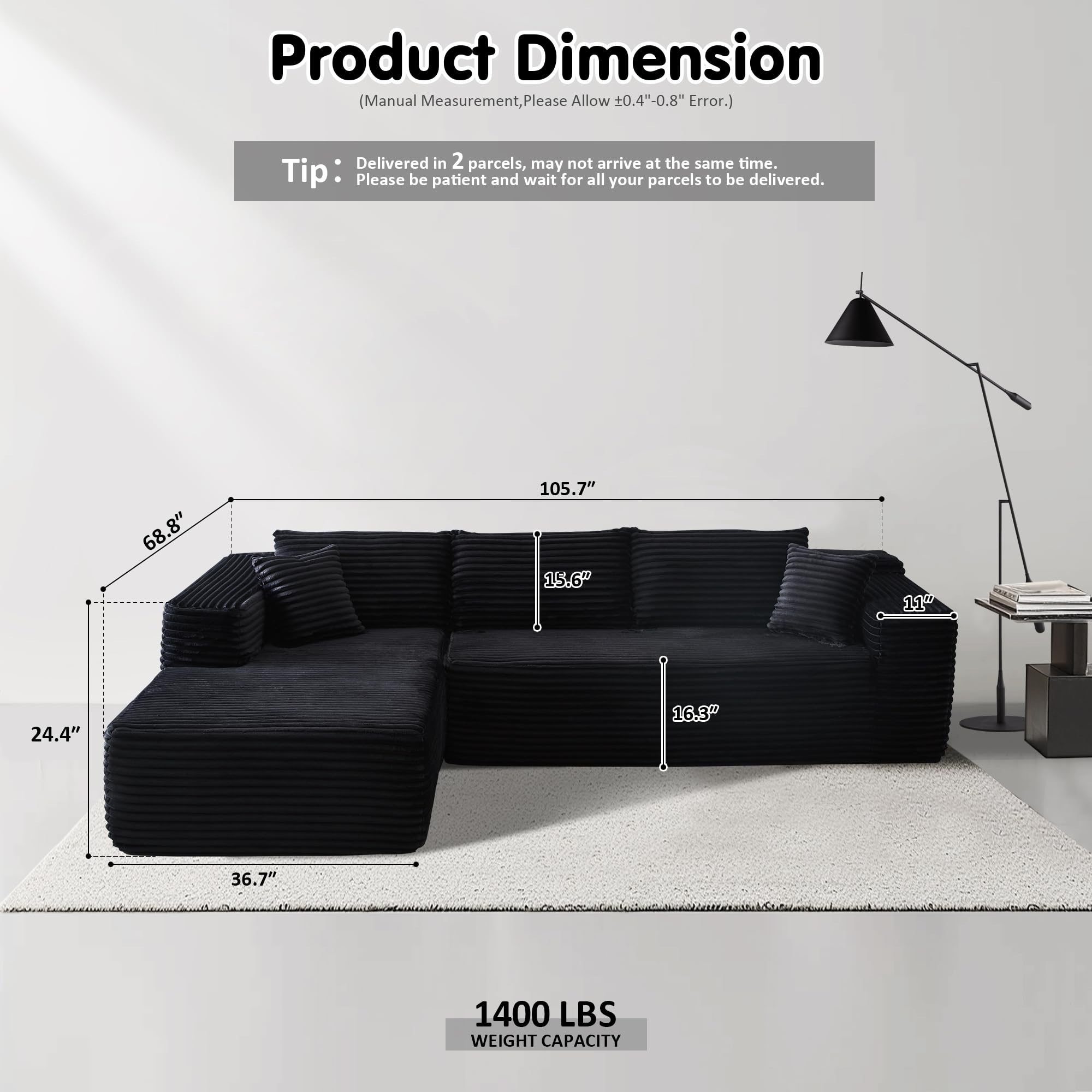 ovios 104" Cloud Sectional Couch with L-Shape Chaise,Modern Modular Sofa with Deep Seat, Upholstered Couches for Living Room Bedroom,No Assembly Required, Green (Cloud Velvet): Black (Plush Corduroy Fabric) L Shape with Left Facing Chaise