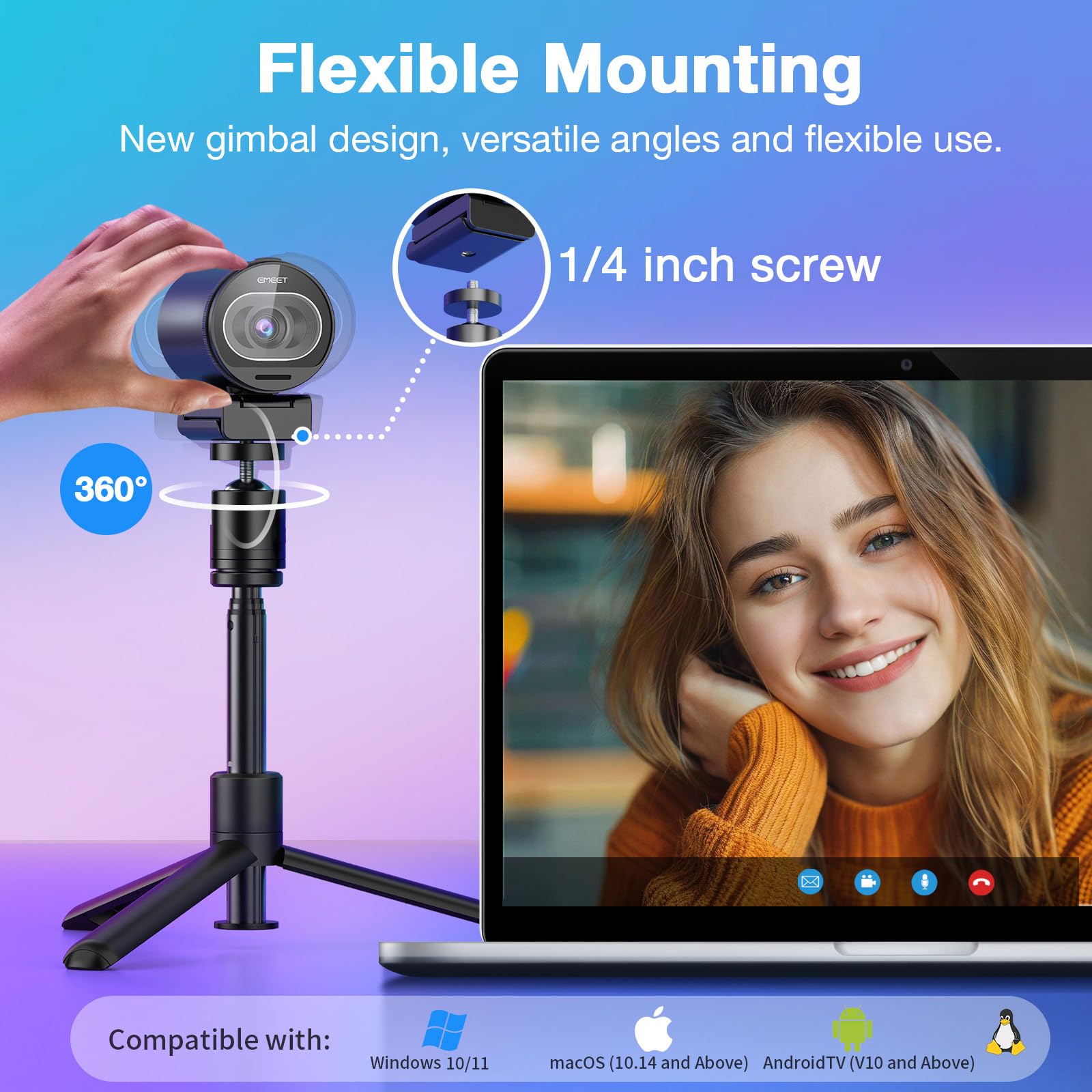 EMEET S600 4K Webcam for Streaming - Sony 1/2.5'' Sensor, PDAF Autofocus, 1080P@60FPS, 2 Noise Reduction Mics, Built-in Privacy Cover, 73° FOV, Streaming Camera for Live Commerce/Gaming/Beauty: S600 4K Sony Sensor PDAF 60FPS with Tripod