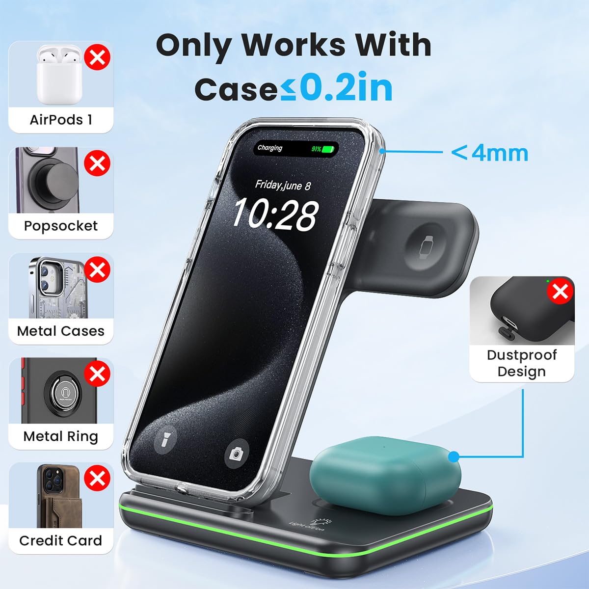 WAITIEE Wireless Charger 3 in 1 Charging Station for for iPhone 16 15 14 13 12 11 X 8 & for Apple Watch, for AirPods 1/2/3/Pro/Pro 2 with Lightning Charging Case(Purple)