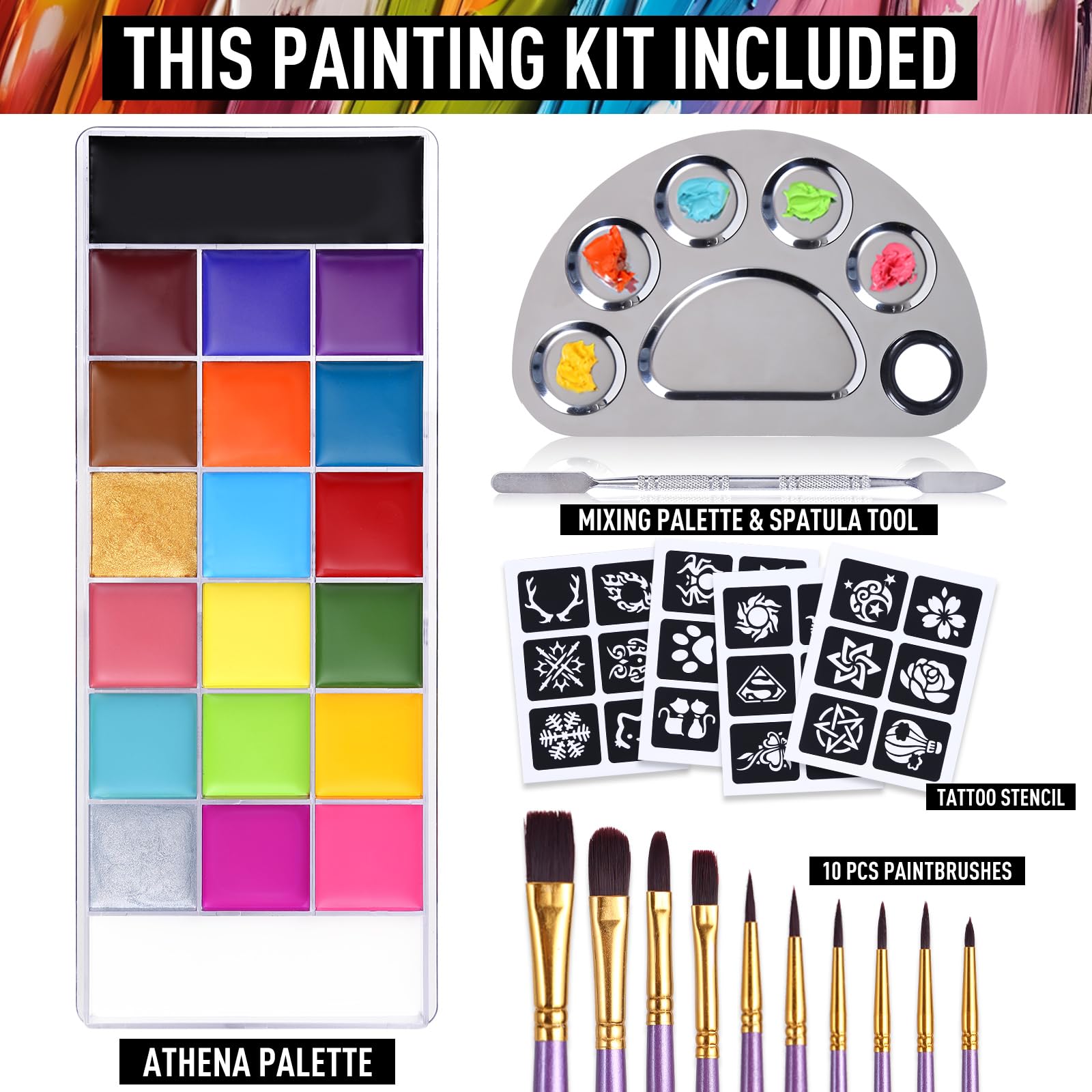 UCANBE Athena Face Body Paint Oil Palette, Professional Flash Non Toxic Safe Tattoo Halloween FX Party Artist Fancy Makeup Painting Kit For Kids and Adult: Athena Palette Set