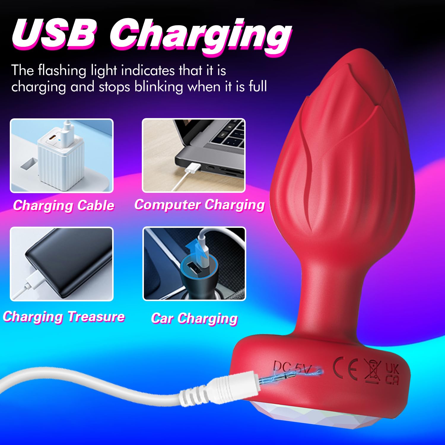 Anal Plug Vibrator Couples Sex Toys for Women, Light Up Vibrating Butt Plug with 10 Vibrations Adult Toys, Women Rose Sex Toys Anal Vibrators: Red