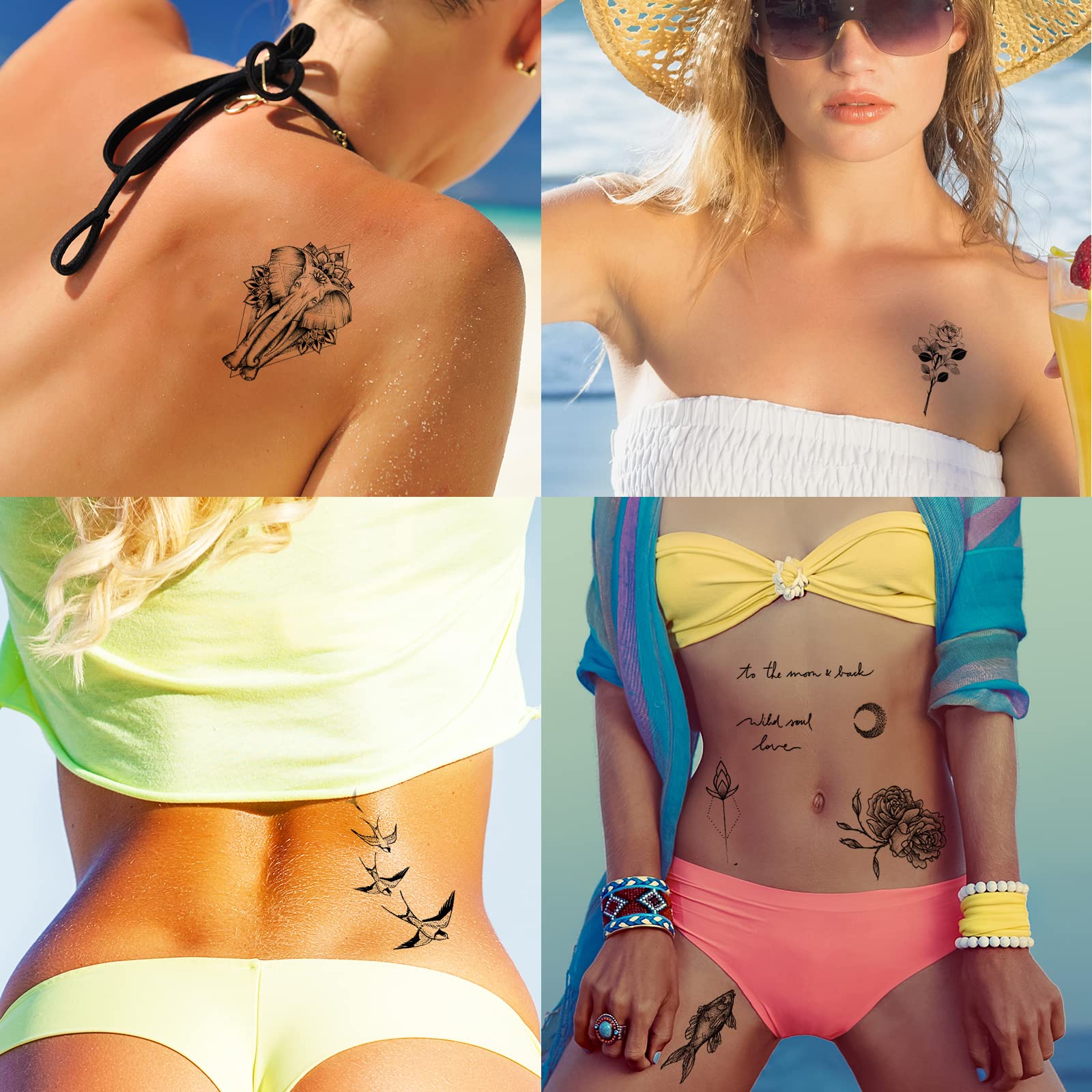 72 Sheets 3D Flowers Temporary Tattoos for Women Adult, Including 12 Sheets Large Fake Tattoos That Look Real and Last Long, Waterproof Rose Moon Butterfly Tiger Snake Tattoos and Flowers Tattoos