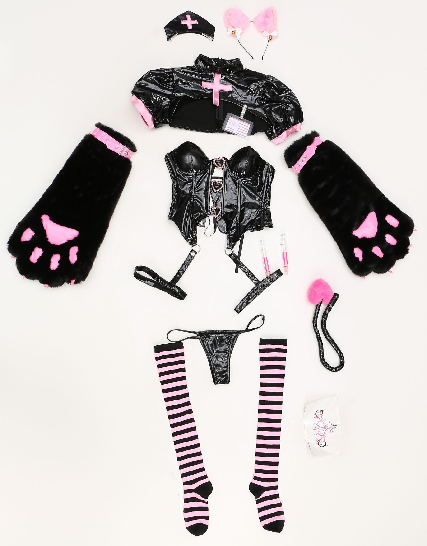 Mobbunny Nurse Cosplay Costume Nurse Lingerie Set Top and Panty with Furry Cat Paw Claws Sleeves and Thigh Socks: Small Black