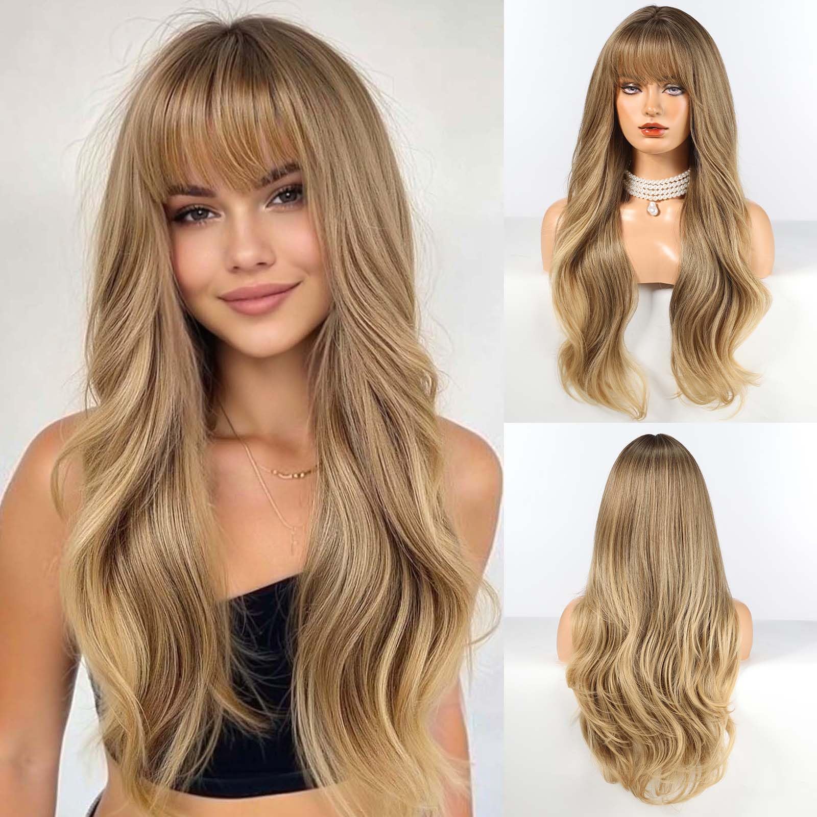 HAIRCUBE Long  Wig with Bangs Layered Curly Orange Wigs for Women Natural Synthetic Wigs for Daily Use (pelucas de cabello natural): Ash Blonde