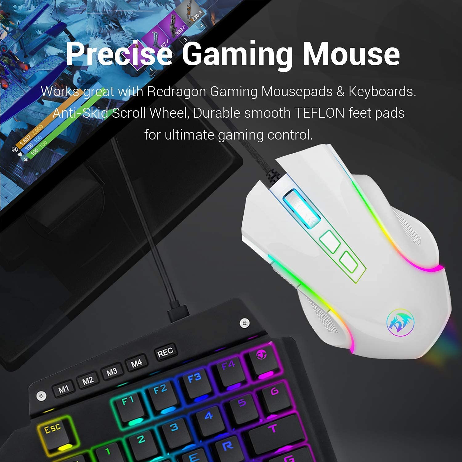 Redragon M602 RGB Wired Gaming Mouse RGB Spectrum Backlit Ergonomic Mouse Griffin Programmable with 8 Backlight Modes, Up to 7200 DPI for Windows PC Gamers (White): M602-W White