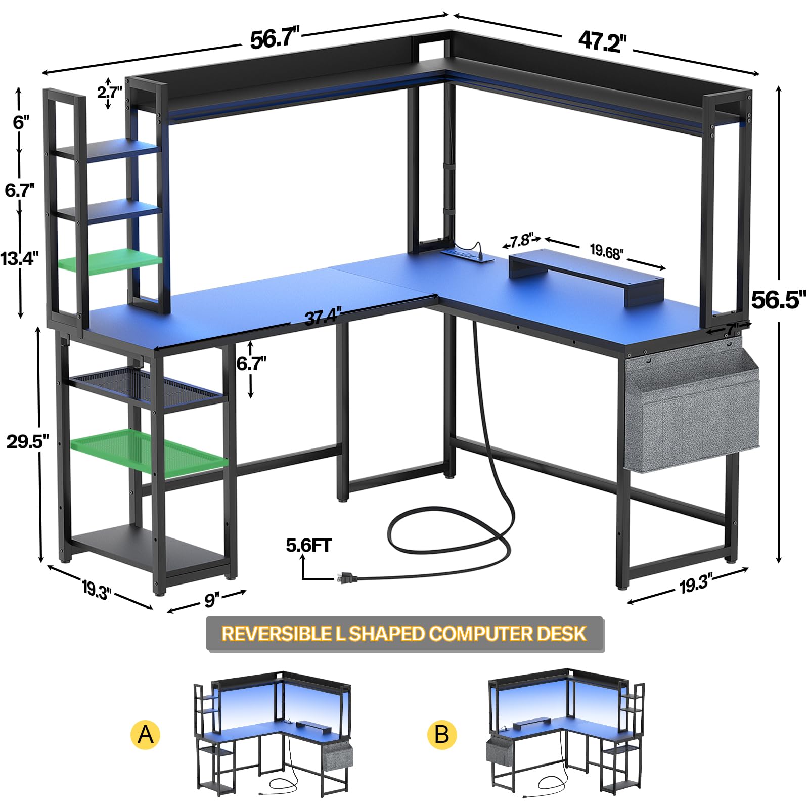 Aheaplus L Shaped Desk with Power Outlet, L Shaped Gaming Desk with Led Light & Hutch, Reversible Home Office Desk, Corner Computer Desk Writing Desk with Monitor Stand & Storage Shelves,: Black