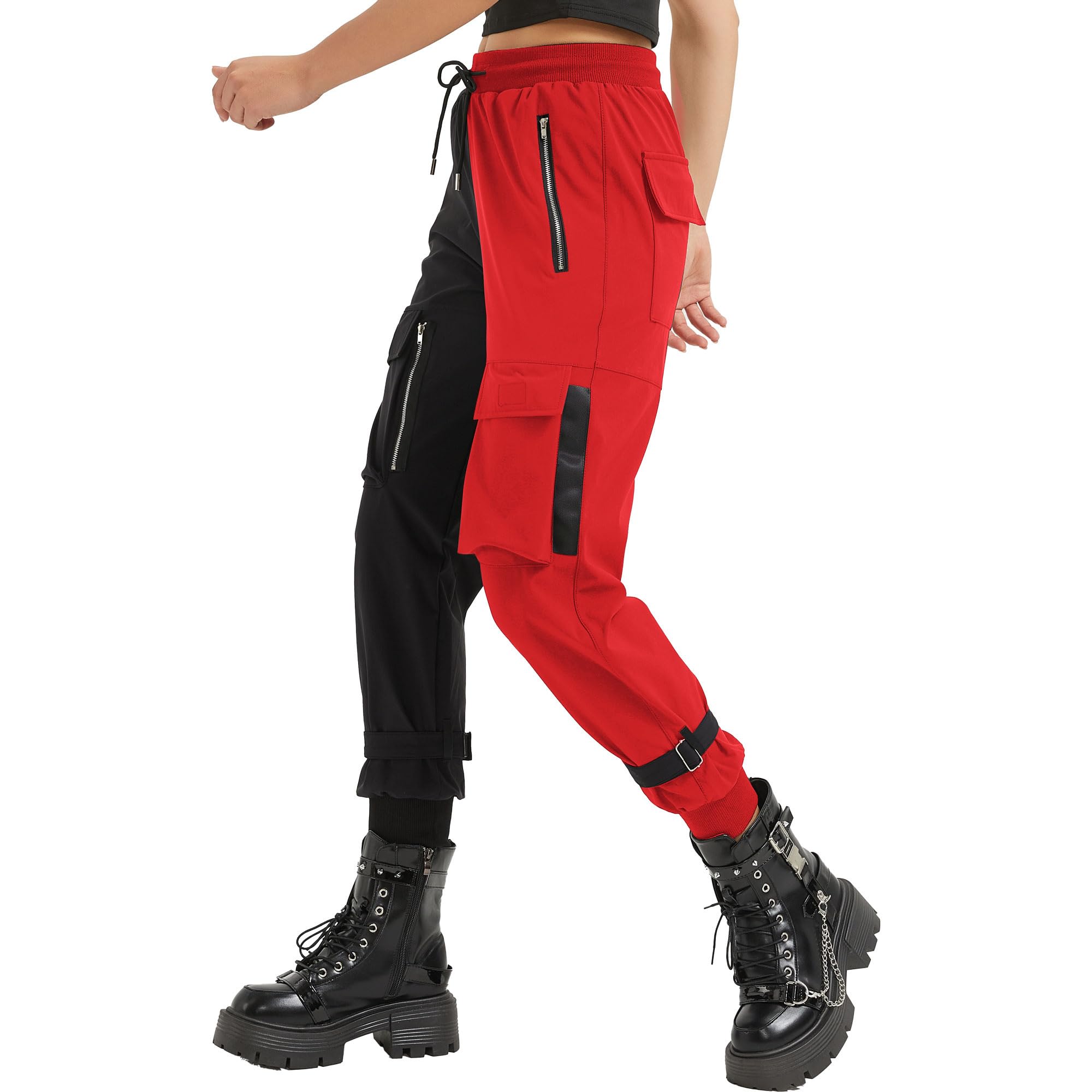 MEINVQIAOTI Black Cargo Pants Women Loose Chained Pants Multi-Pocket Multi-Zip Punk Goth Pants