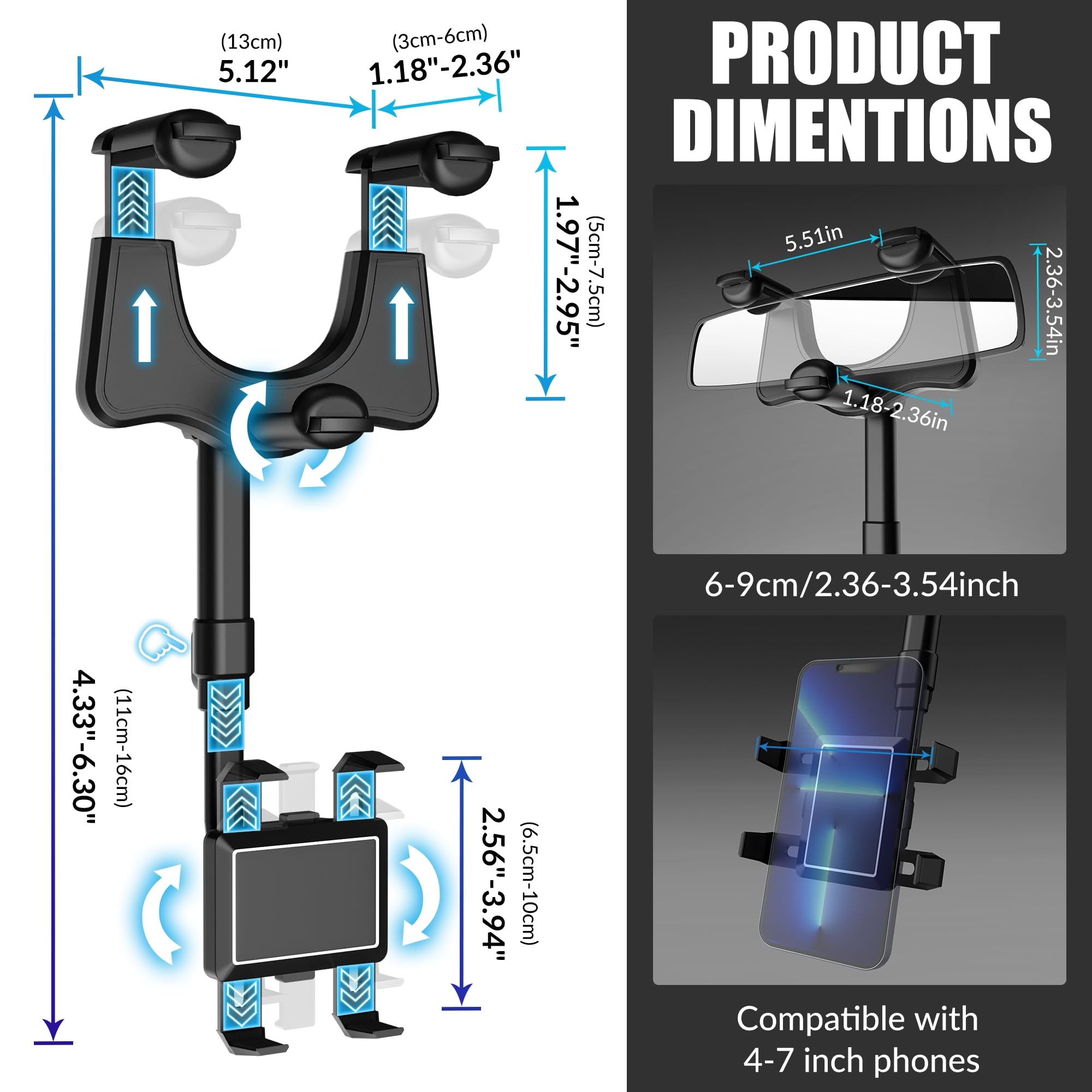SXhyf Rear View Mirror Phone Holder, 2023 Rotatable and Retractable, Universal Mount, Cell Car Fit for iPhone 11 12 13 14 Pro Max Samsung All Phone thumbnail 8