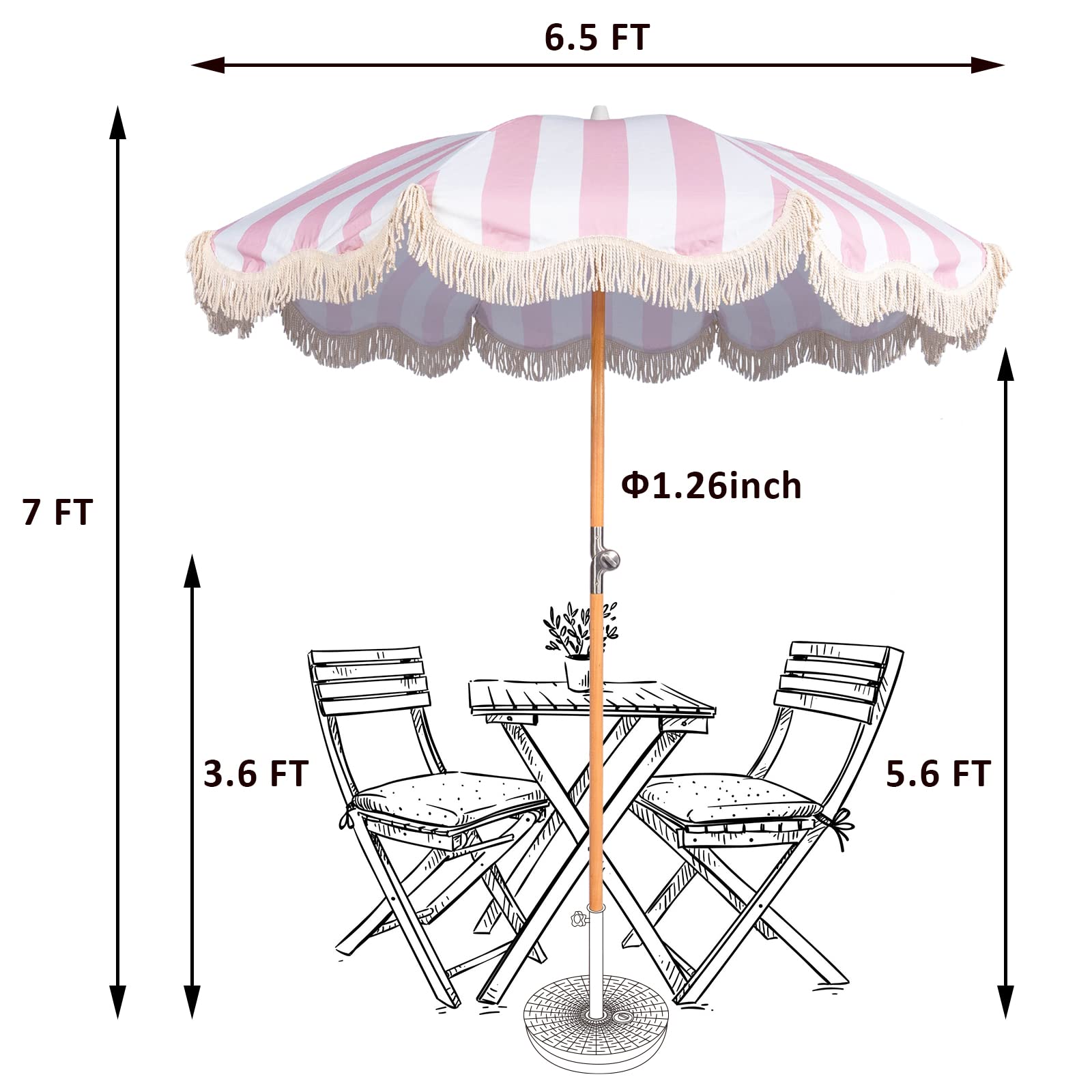 Funsite 6.5ft Boho Beach Umbrella with Fringe, UPF 50+ Tassel Umbrellas with Carry Bag, Premium Wood Pole Foldable Patio Umbrella for Outdoor Holiday Garden Lawn Pool Yard Table