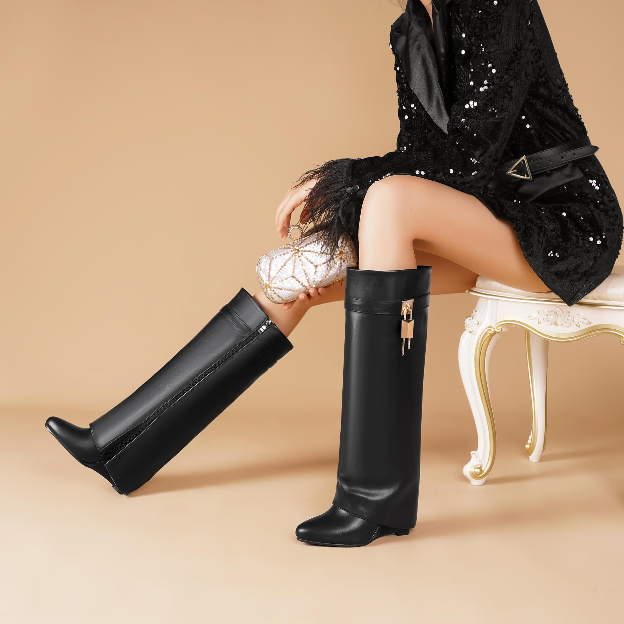 CDHYX Fold Over Boots for Women Pointy Pull-on Wedge Heel Knee Shark Boot With Side Zipper Padlock Design