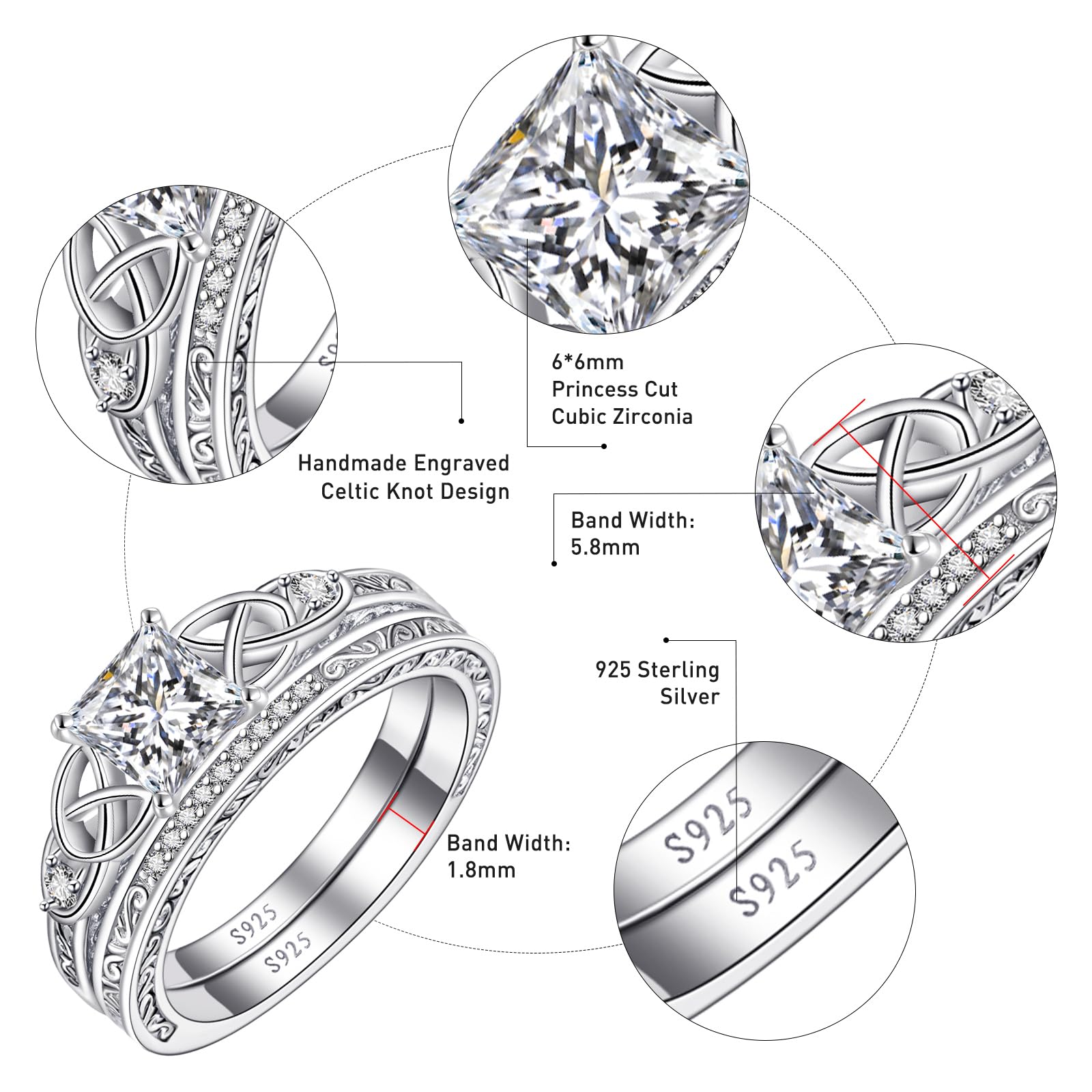 Vintage Celtic Knot Women's Engagement Ring Sets 925 Sterling Silver/14K Gold Plated Stackable Wedding Bands Rings AAAAA Cubic Zirconia Women Bridal Sets Wedding Ring Band Width 1.8mm Size 5-9 thumbnail 3