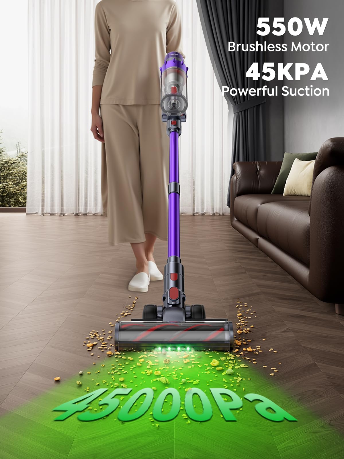Cordless Vacuum Cleaner, 550W 45KPA 60 Mins Runtime Vacuum Cleaners for Home, Stick Vacuum with Self-Standing, Wall Mount Charging and Intelligent Auto Mode, Handheld Vacuum for Pet Hair/Carpet/Floor thumbnail 2