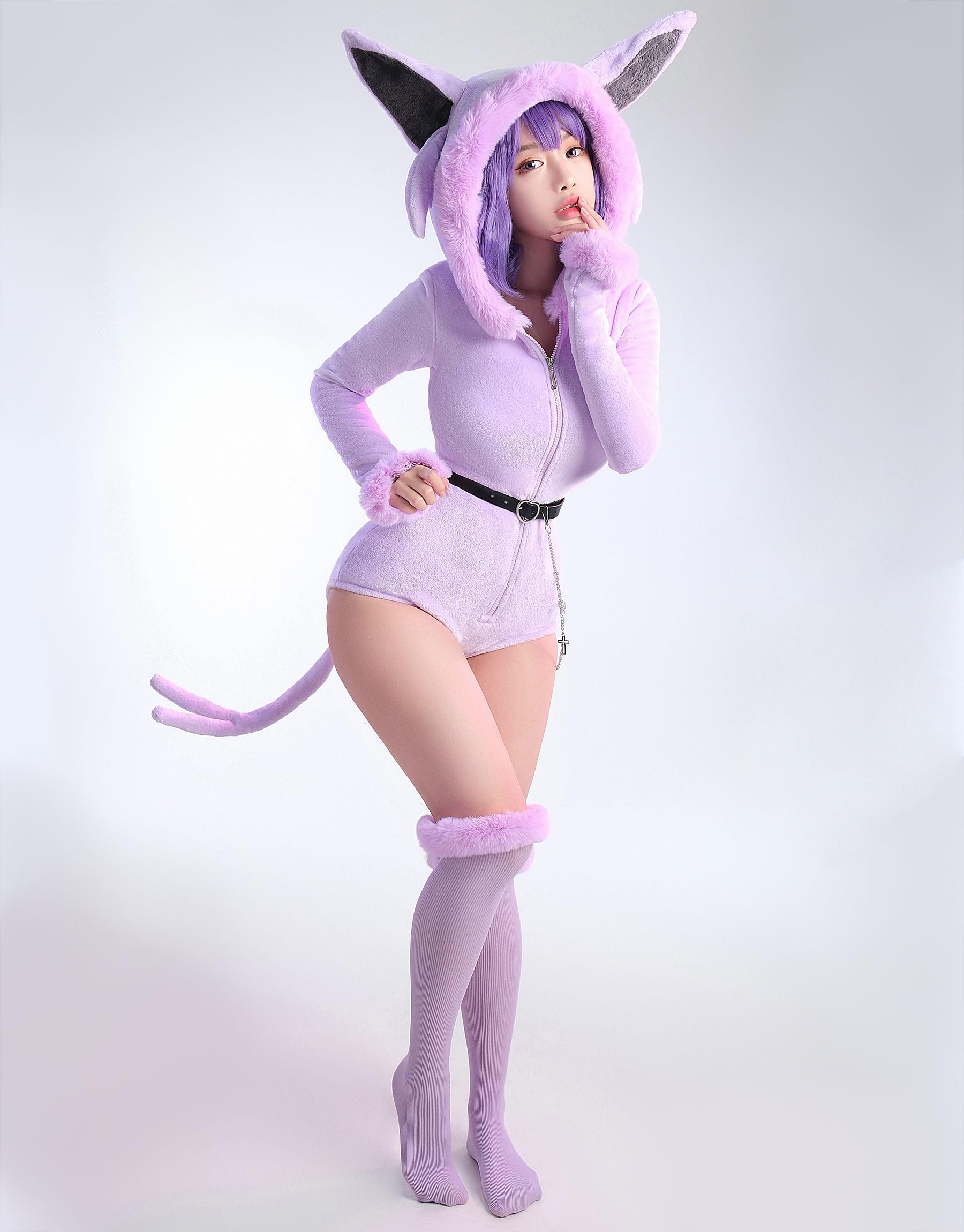 Mobbunny Anime Derivative Romper Onesie Pajamas Bodysuit with Tail Belt and Socks Fluffy Bodycon Hooded Jumpsuit: Small Purple