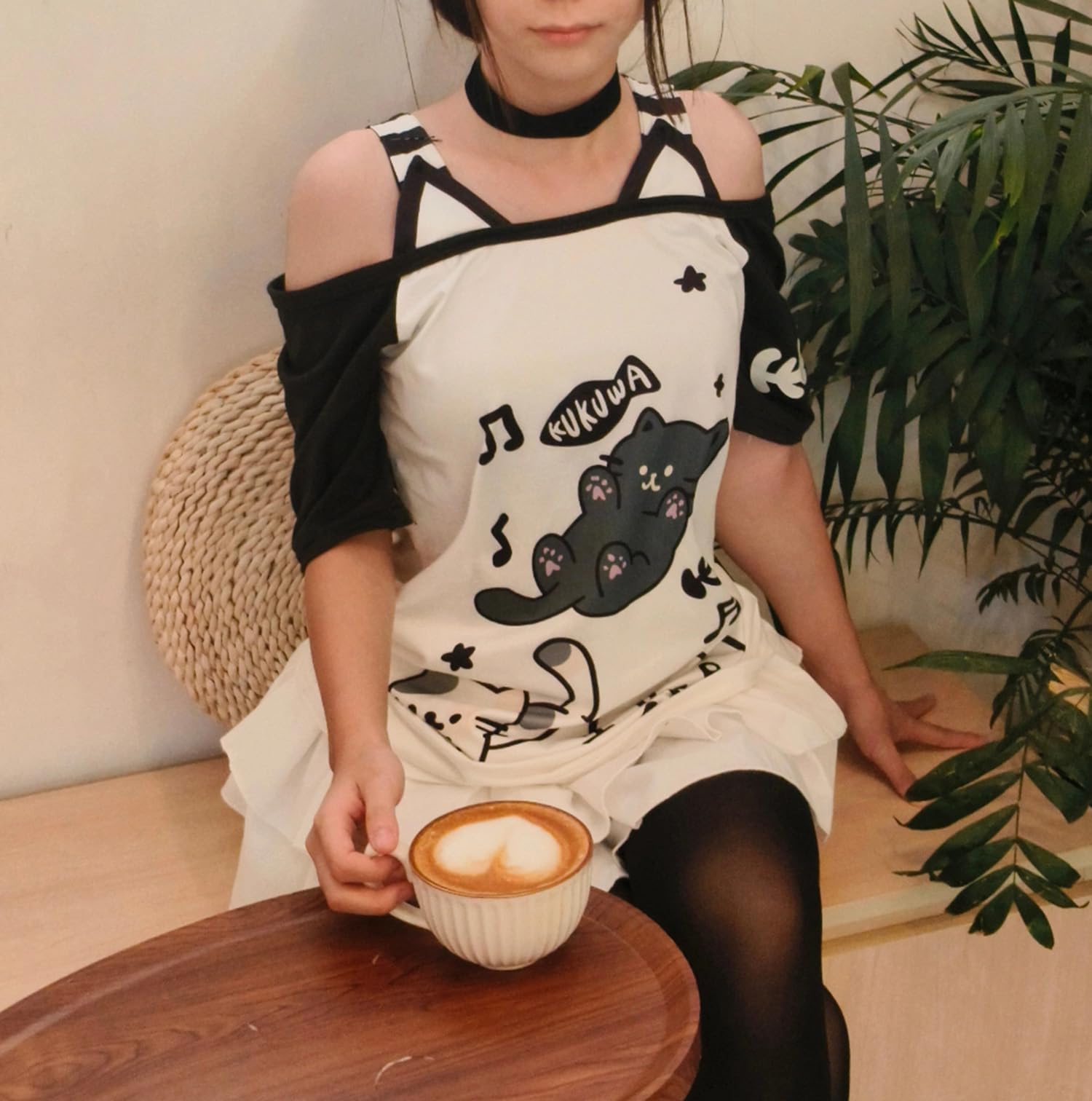 Kawaii Shirts Cartoon Graphic Tees Off Shoulder Cutecore Shirts Gothic Tops: Black Large