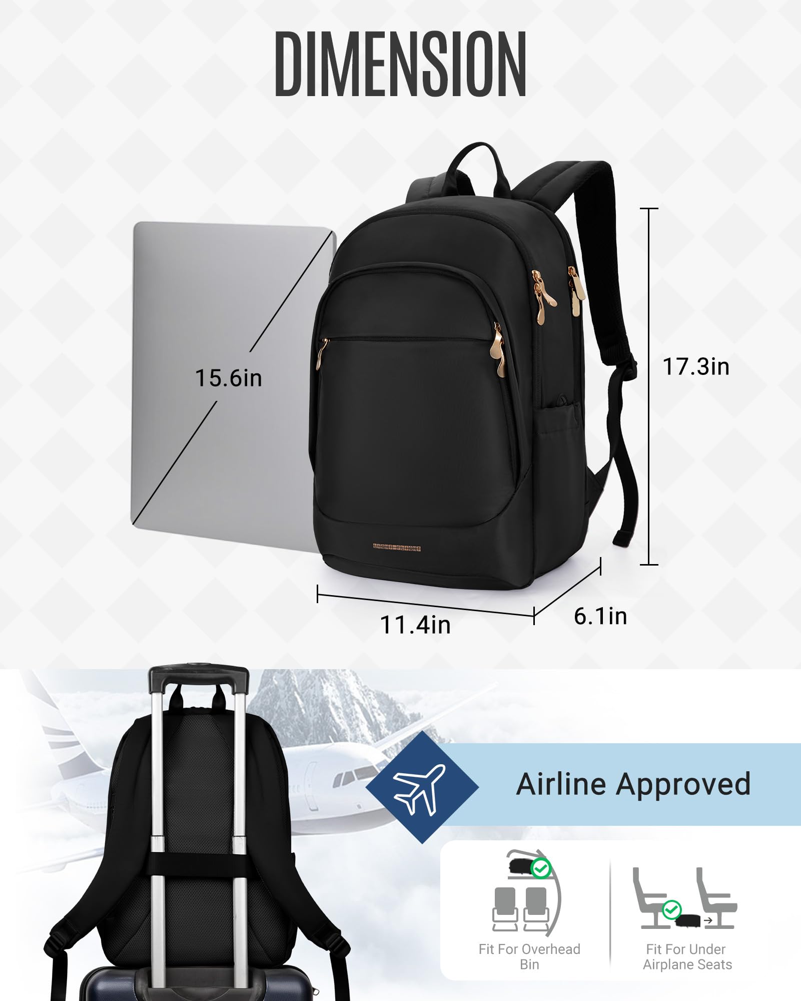 LIGHT FLIGHT Travel Backpack for Women, 15.6 Inch Laptop Backpack with USB Charging Hole, Water Resistant College Bookbag, Large Capacity Black Computer Backpacks for Work, Black: 15.6 Inch 01-black