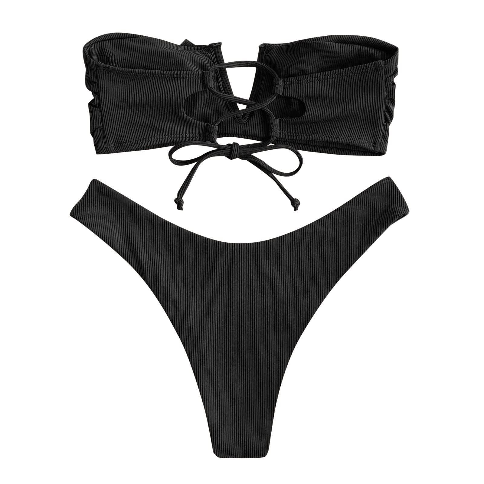 Thumbnail 6 of ZAFUL Women's Strapless Ribbed V Wired Lace Up Ruffle Tie High Cut Bandeau Swimsuits Bikini Set