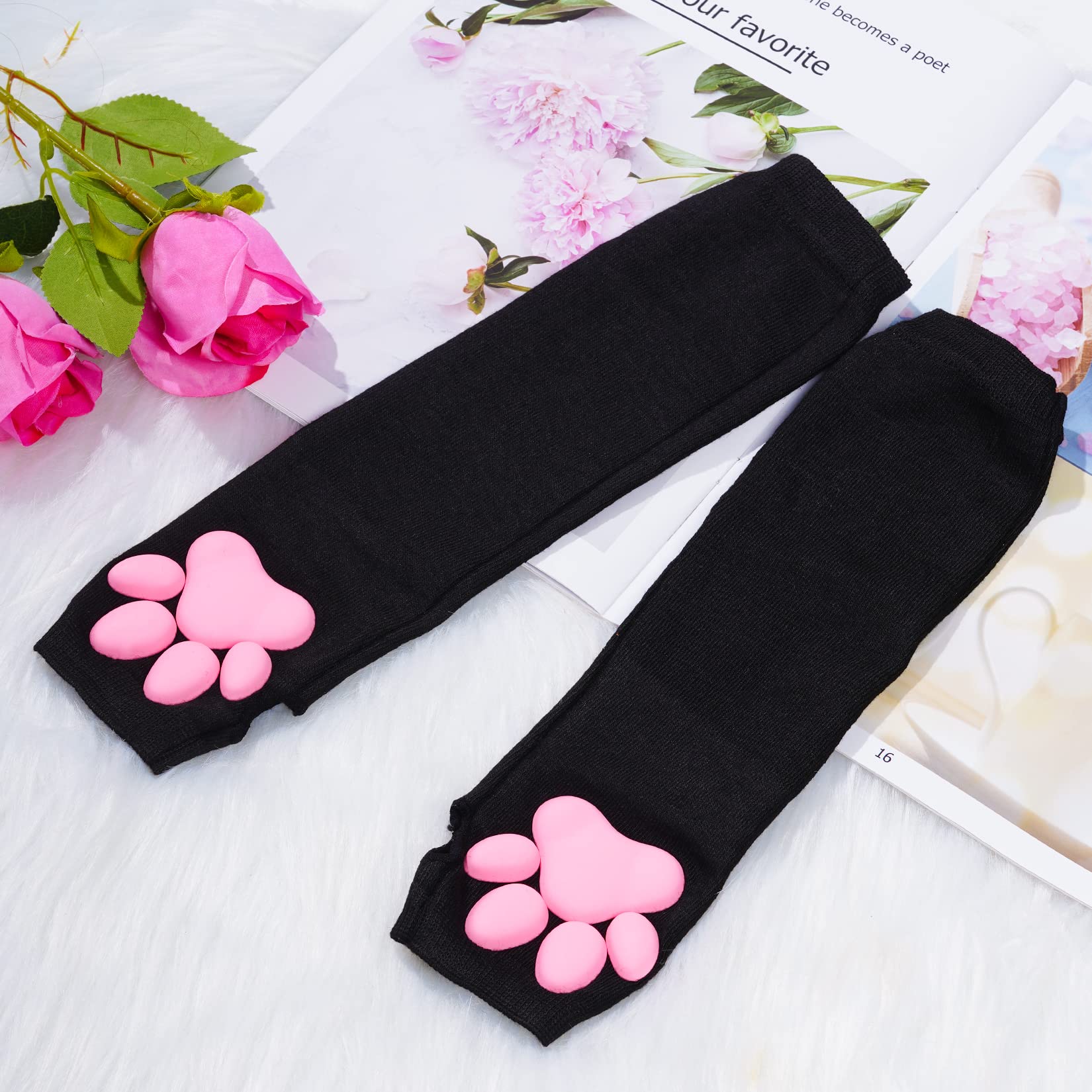 Nydotd Cat Paw Pad Mittens Gloves Kawaii Pink 3D Claw Fingerless Cute Cat Cosplay Gloves Sleeve for Girls Party: Black Long