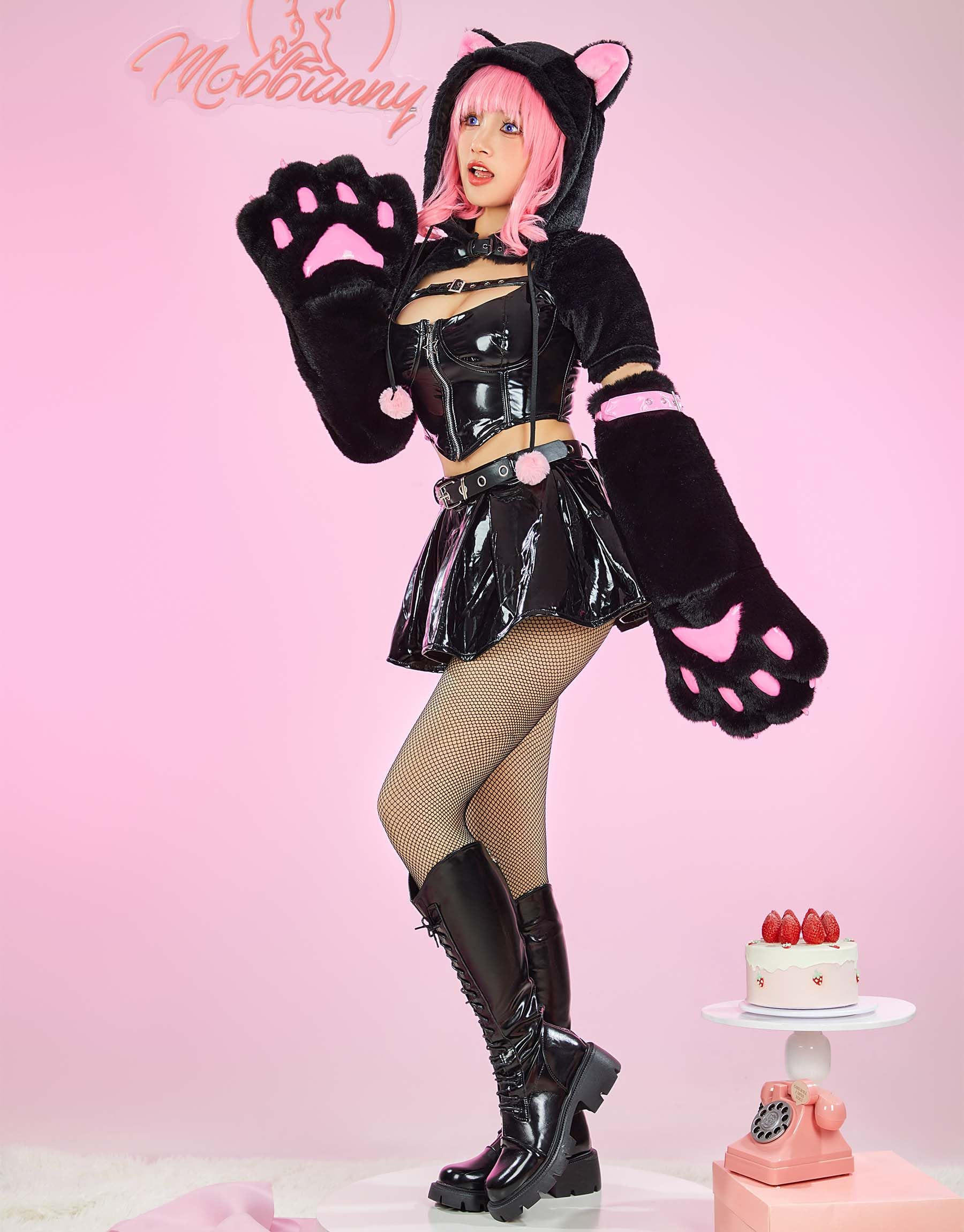 Mobbunny Cat Cosplay Costume Furry Hoodie Top and Skirct Outfits with Detachable Paw: Small Black
