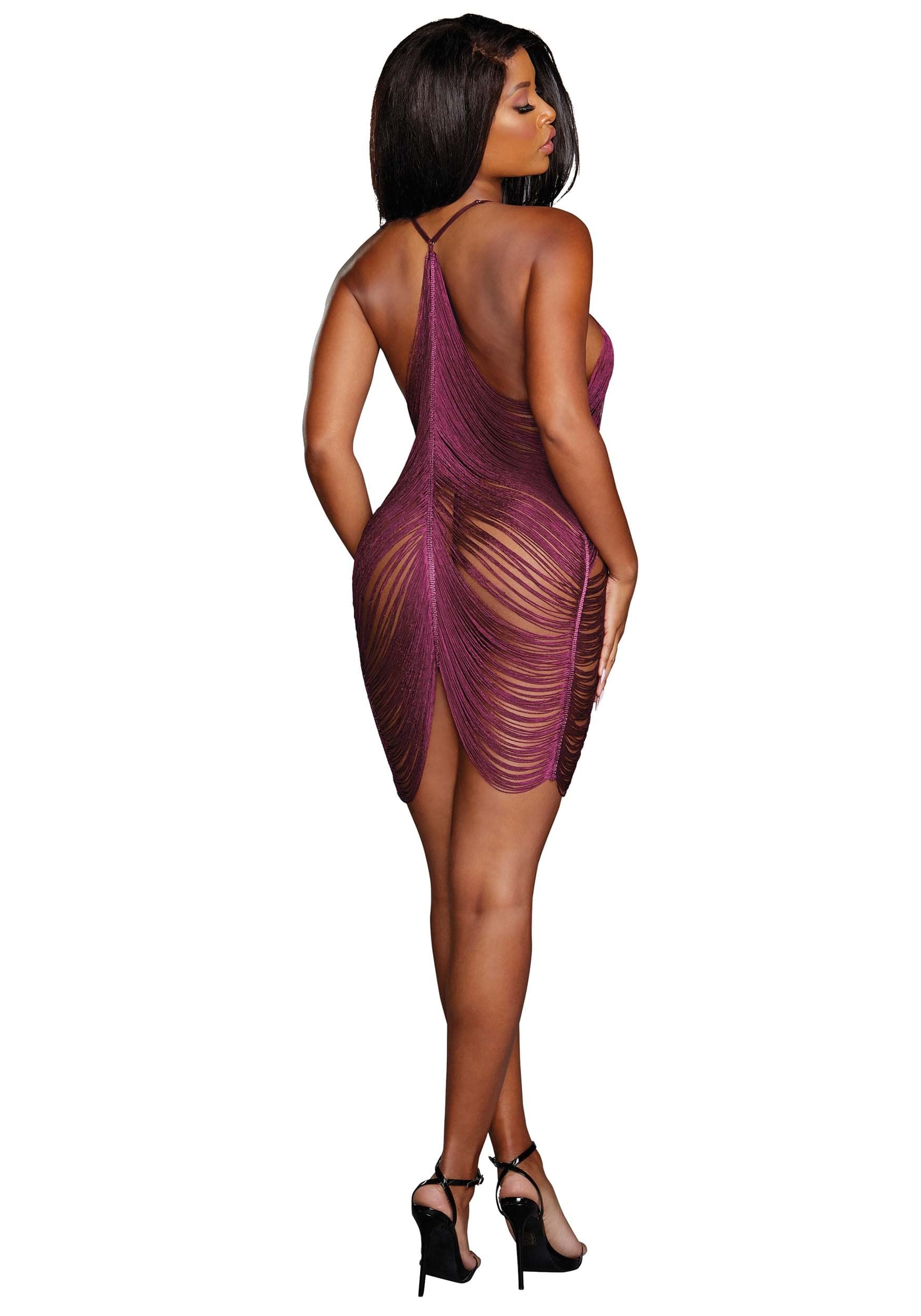 Dreamgirl womens Sexy Draped Fringe Lingerie Dress With T-back and Mesh G-string adult exotic chemises, Midnight