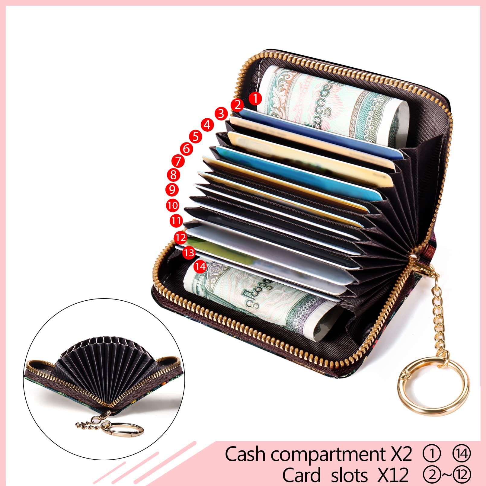 Blusabaca  Credit Card Holder for Women, Gothic Floral Small RFID Wallet with Zipper, Card Keychain Wallet, Leather Wallet Card Case, Business Accordion Wallet Gift: Bookshelf and Skull