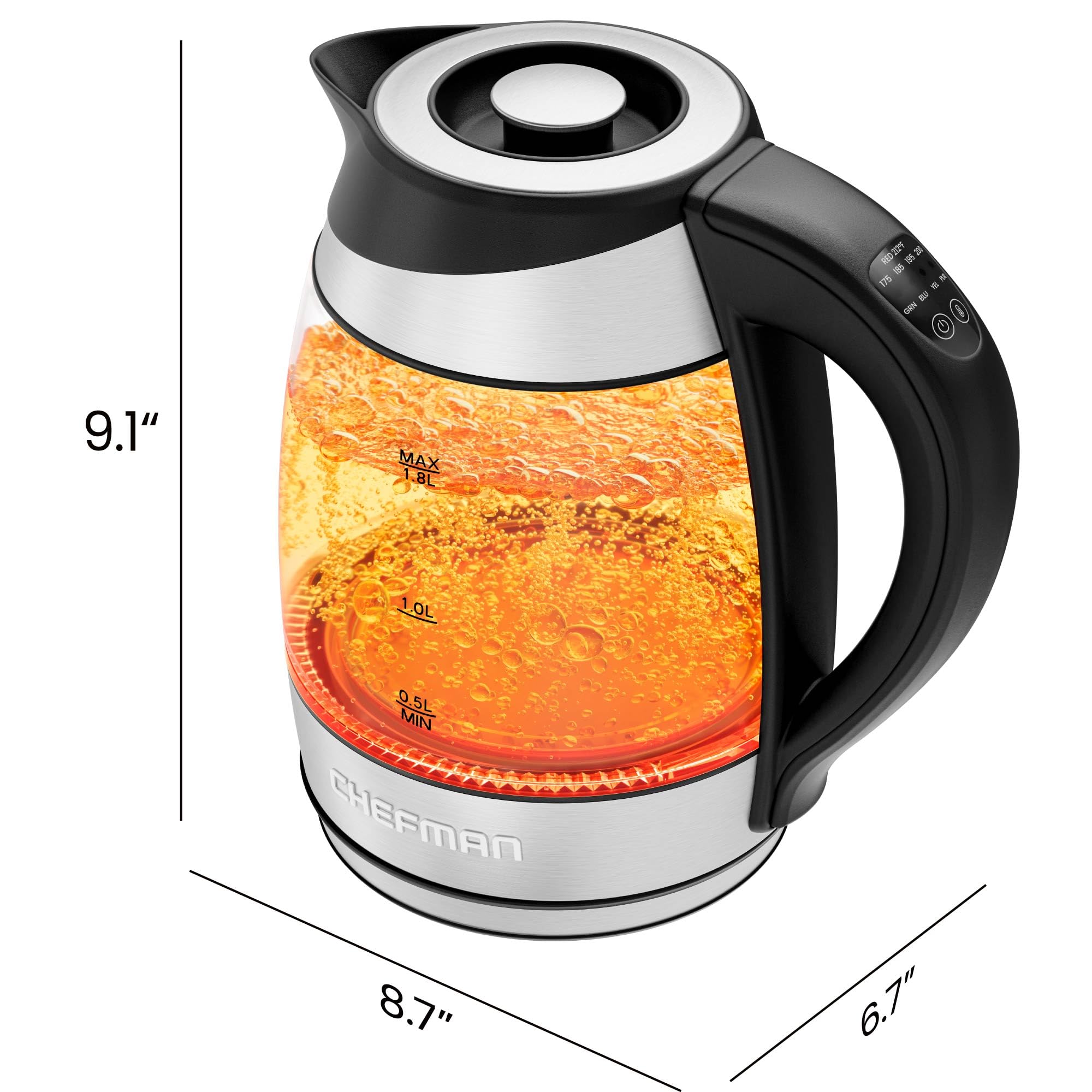 Chefman Electric Kettle with Temperature Control, 5 Presets LED Indicator Lights, Removable Tea Infuser, Glass Tea Kettle & Hot Water Boiler, 360° Swivel Base, BPA Free, Stainless Steel, 1.8 Liters: 1.8L - Temperature Control