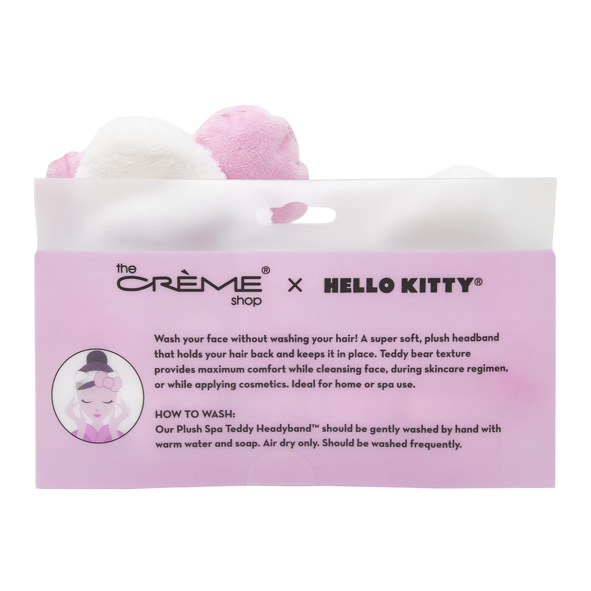 The Crème Shop Hello Kitty x Plush Spa Headband with Hello Kitty's Signature Bow, Face Wash Hair Band For Women: Pink