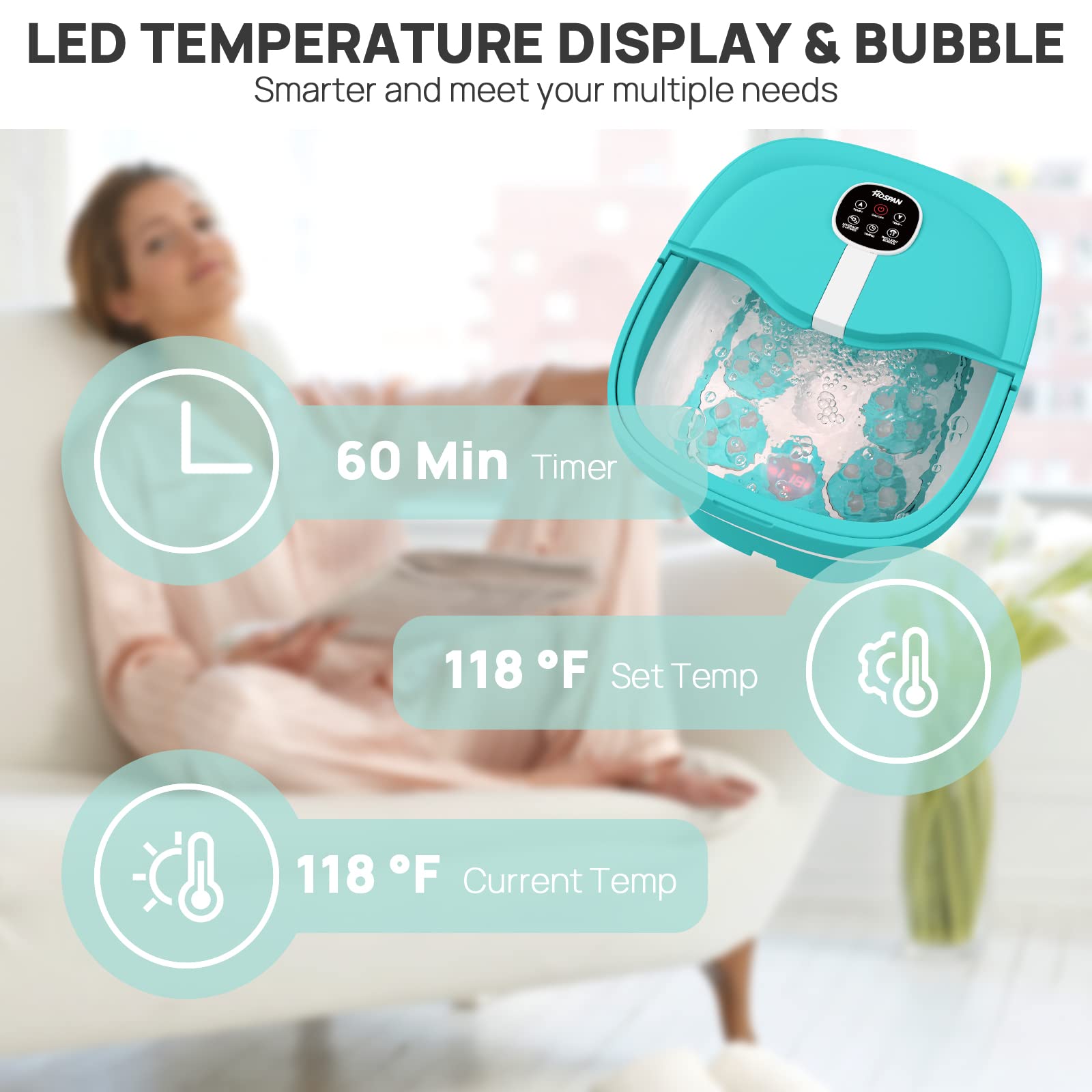 HOSPAN Collapsible Foot Spa Electric Rotary Massage, Foot Bath with Heat, Bubble, Remote, and 24 Motorized Shiatsu Massage Balls. Pedicure Foot Spa for Feet Stress Relief: Sky Blue